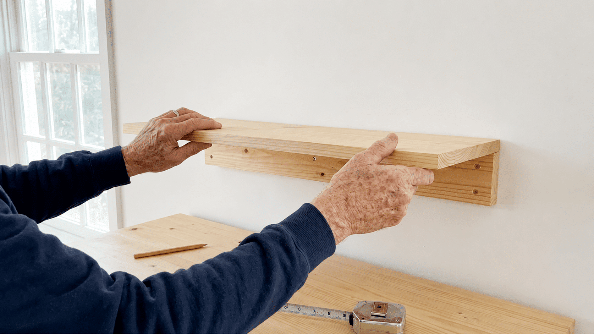 Hands placing a pine shelf board onto a wall-mounted support frame to test the fit before final installation..