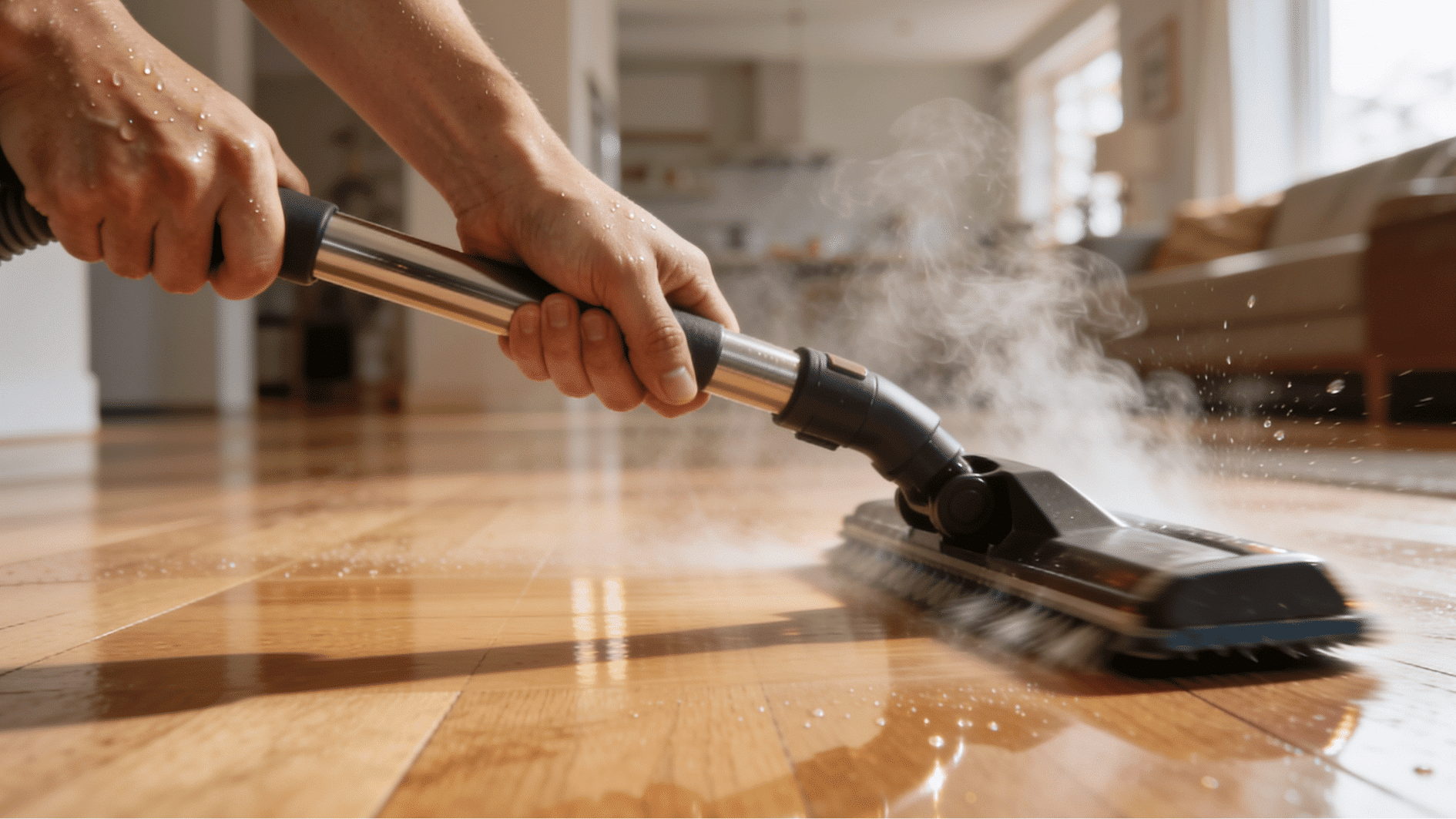 hands pushing steam mop across hardwood floor during deep cleaning session on spring cleaning schedule