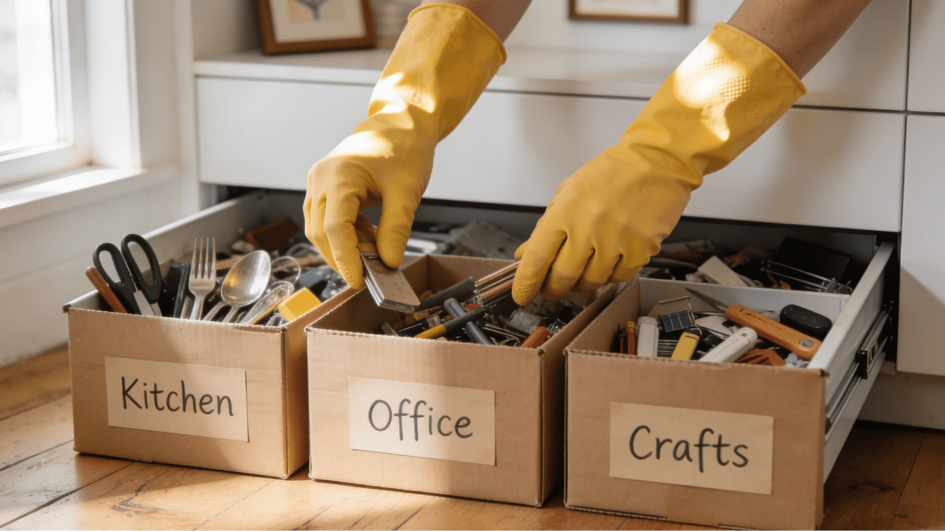 hands sorting cluttered drawer into labeled boxes during spring cleaning declutter session at home