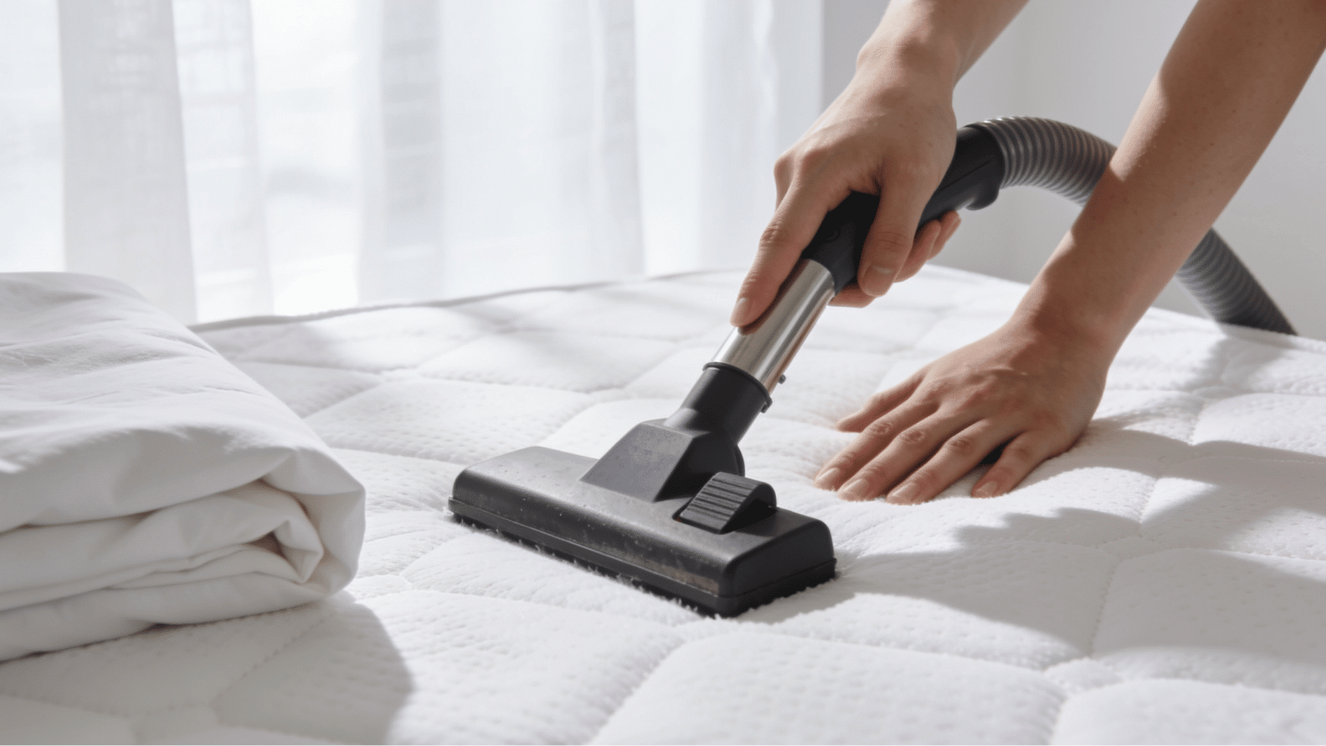 hands vacuuming white mattress with upholstery attachment during bedroom spring cleaning session