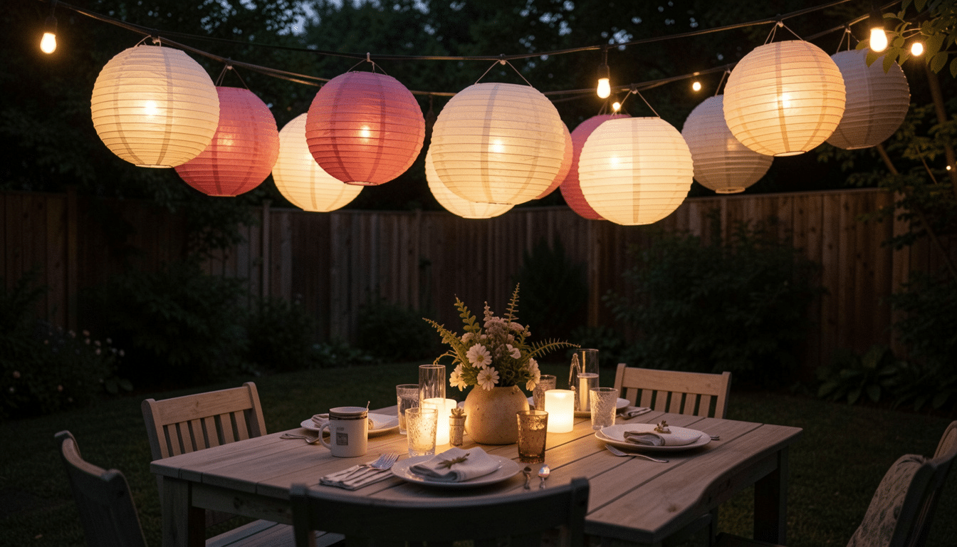 DIY hanging paper lanterns glowing above an outdoor party table.