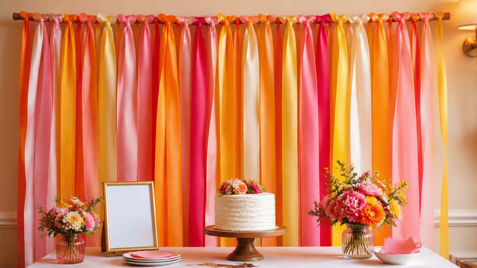Hanging ribbon wall in warm colors behind a handmade party table.