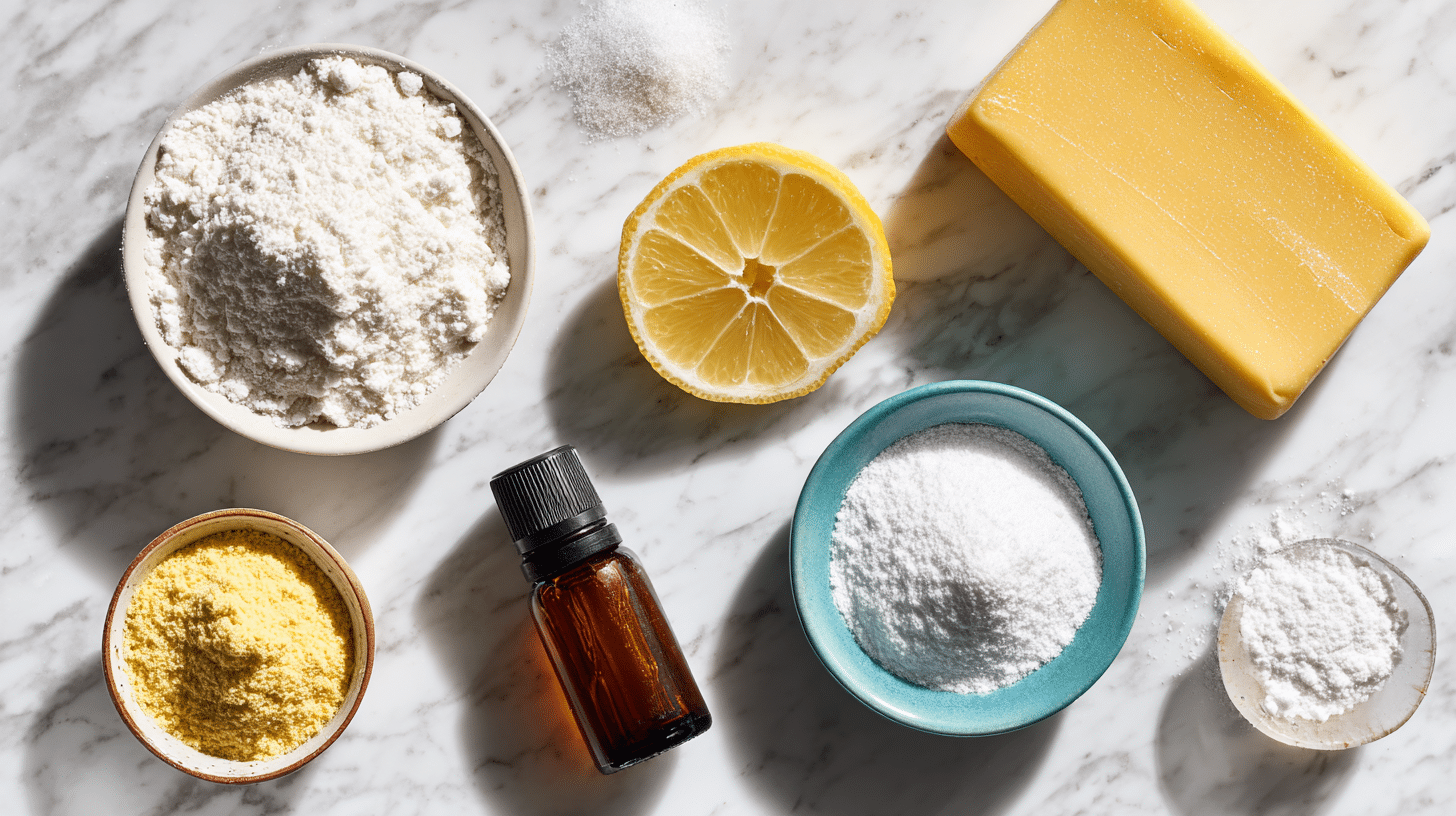 heavy-duty homemade laundry detergent ingredients including soap, lemon, washing soda, borax, and essential oil on marble surface