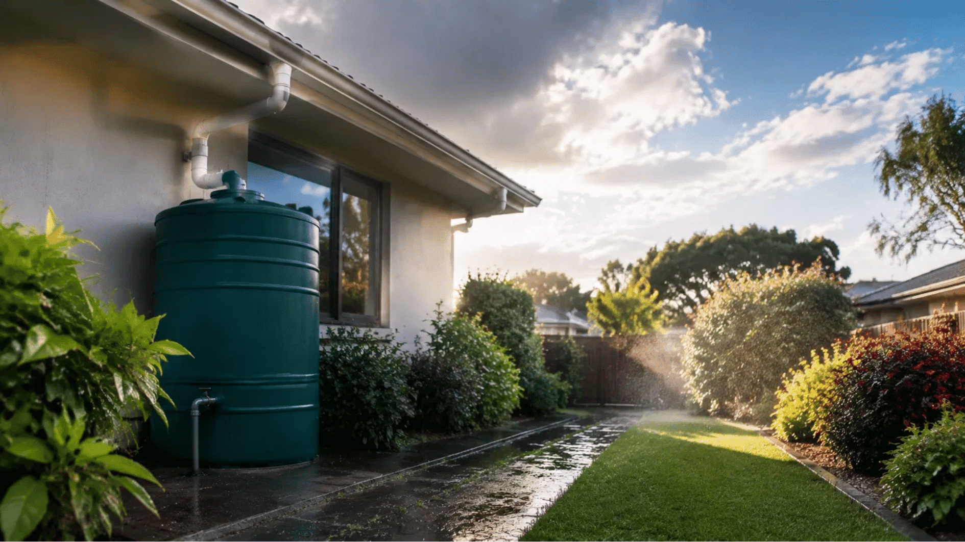 Home rainwater harvesting tank with garden irrigation