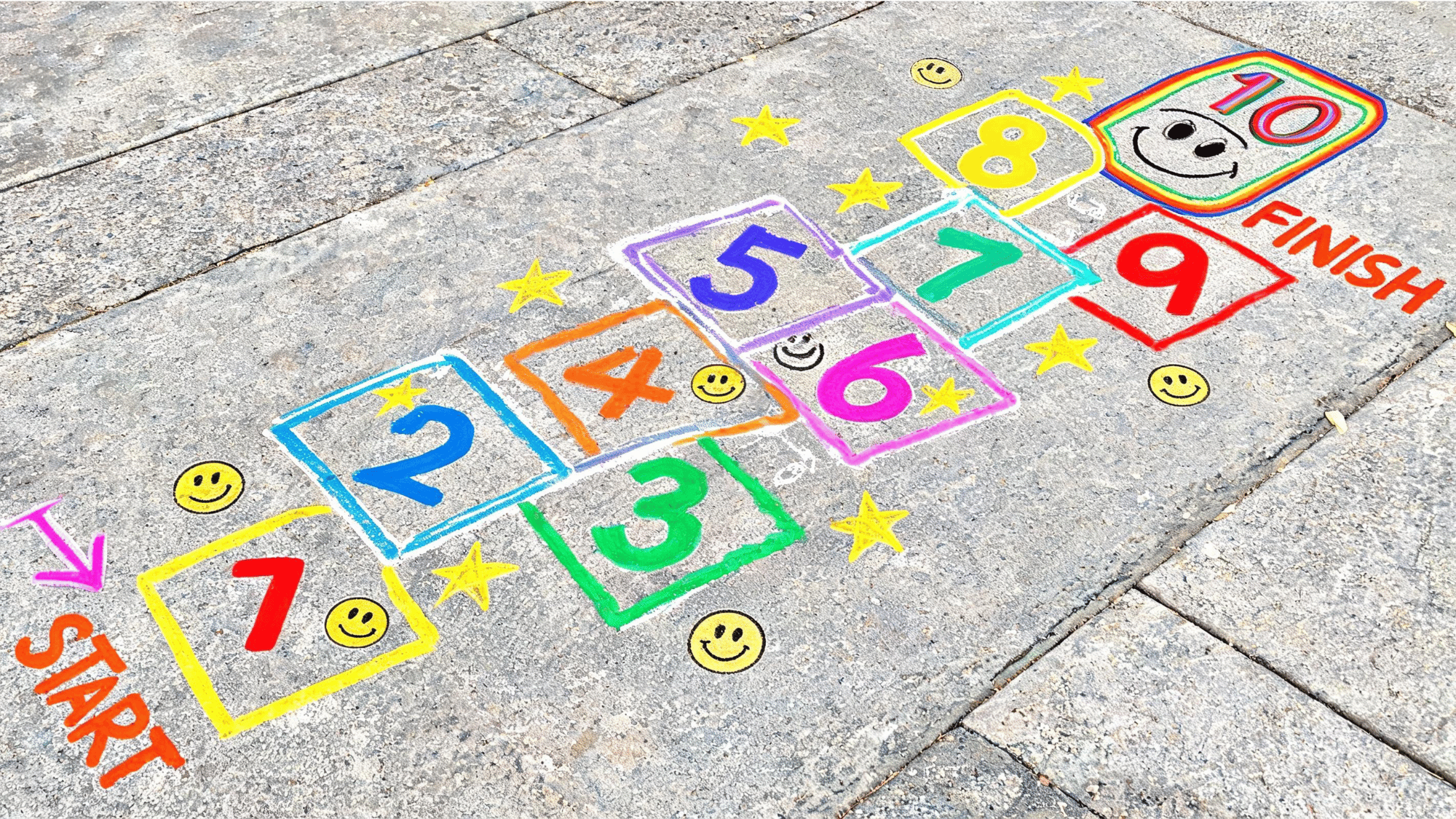 fun and colorful chalk hopscotch design on a sidewalk with numbered boxes