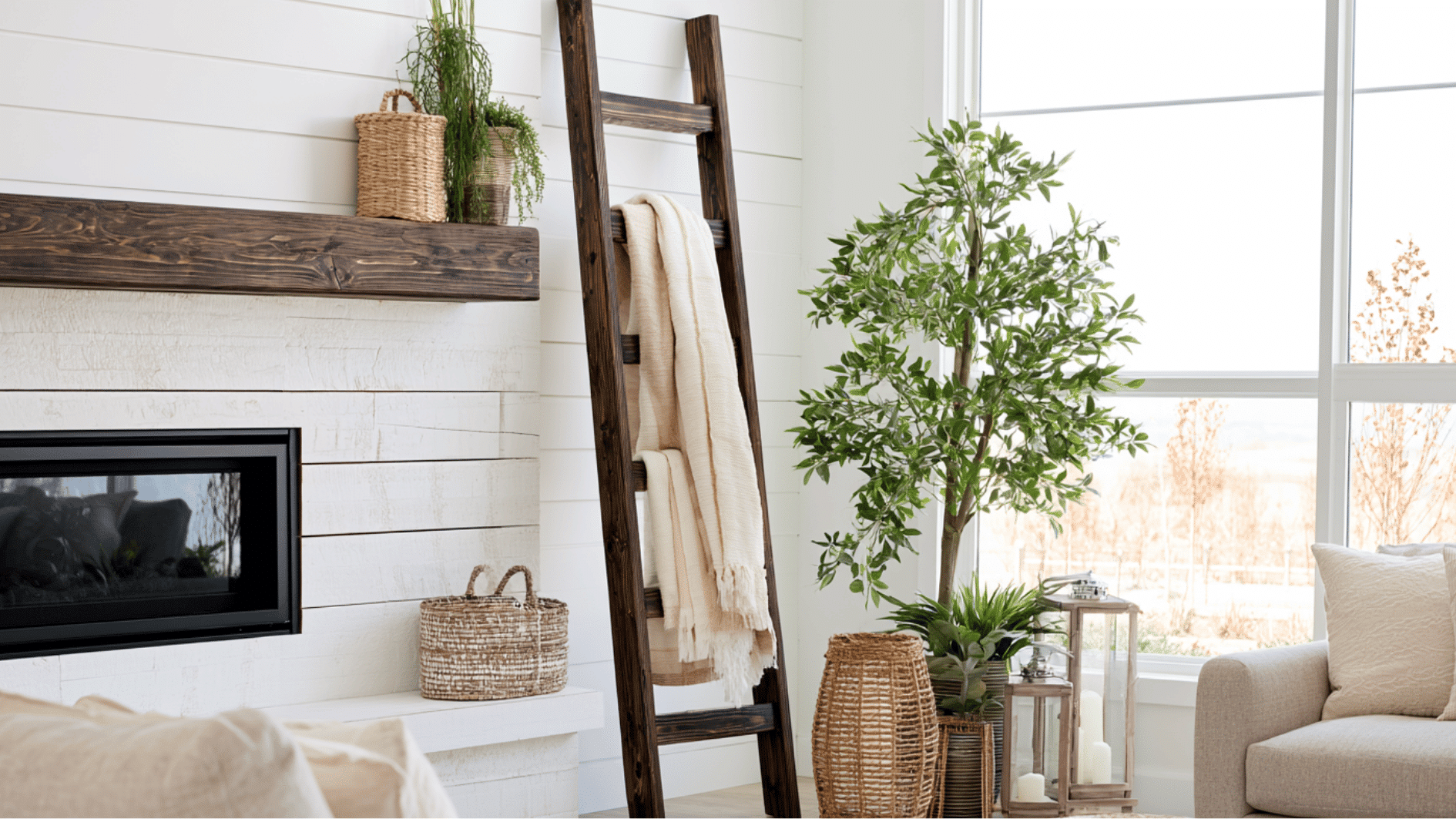 wooden blanket ladder leaning beside a fireplace in a bright, cozy living room