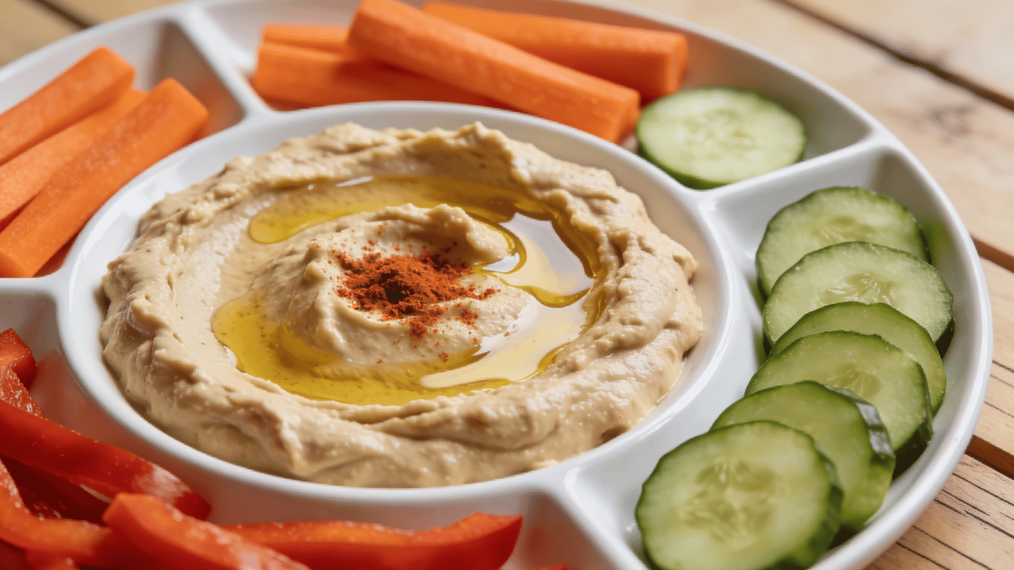 hummus and veggie snack plate with carrots cucumber and bell peppers, healthy quick snack meal ideas for kids