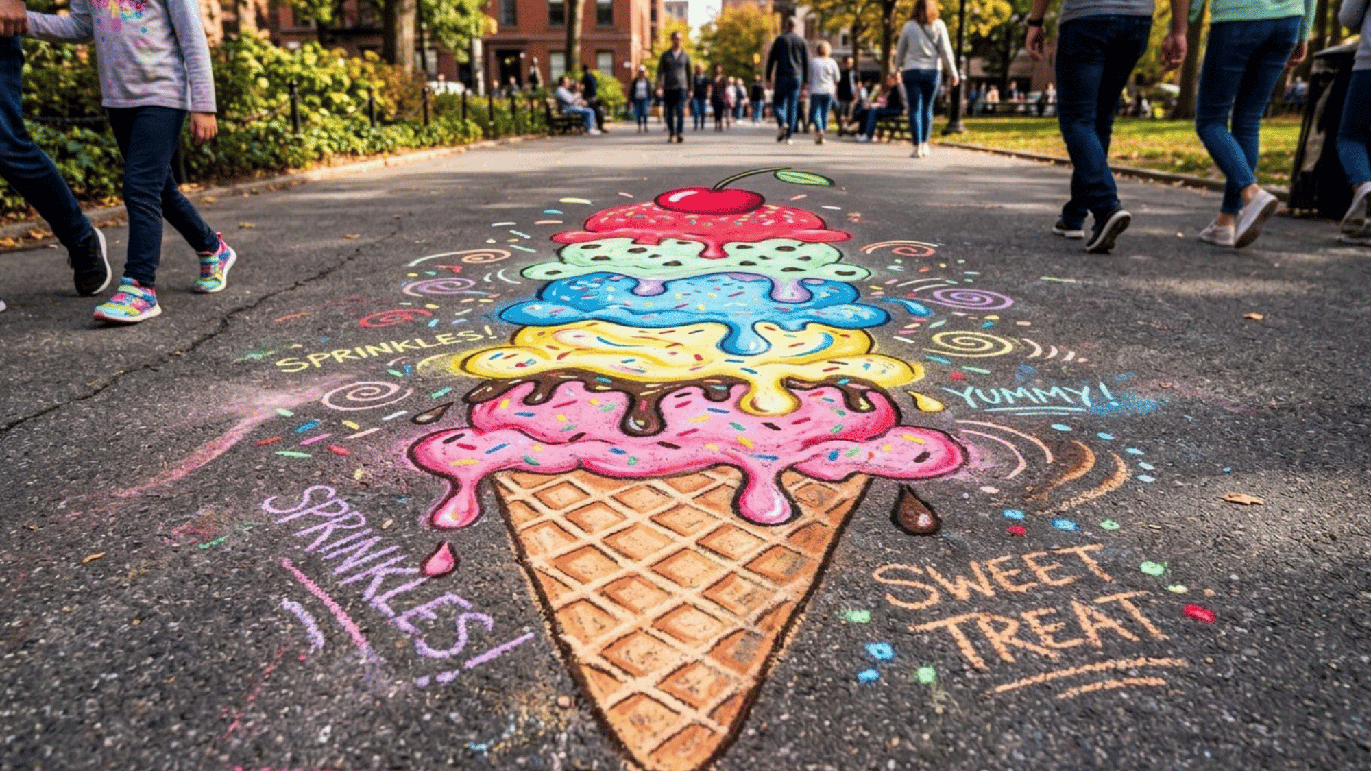 sweet sidewalk chalk art drawing of a giant ice cream cone with colorful scoops