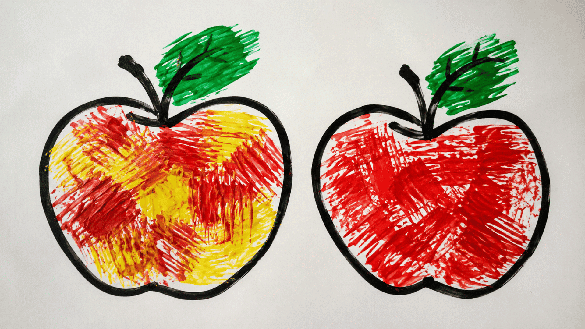 image of fork painted apple craft in simple paint on paper style two apples with yellow and red fork paint strokes and green color for leaves
