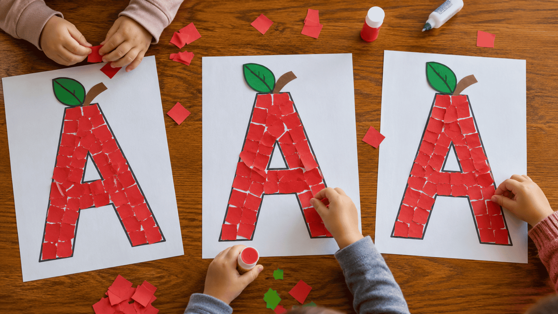 image of letter a apple craft of 3 different styles kept on a wooden table with toddles hands pasting craft paper cut pieces in letter a alphabet margin