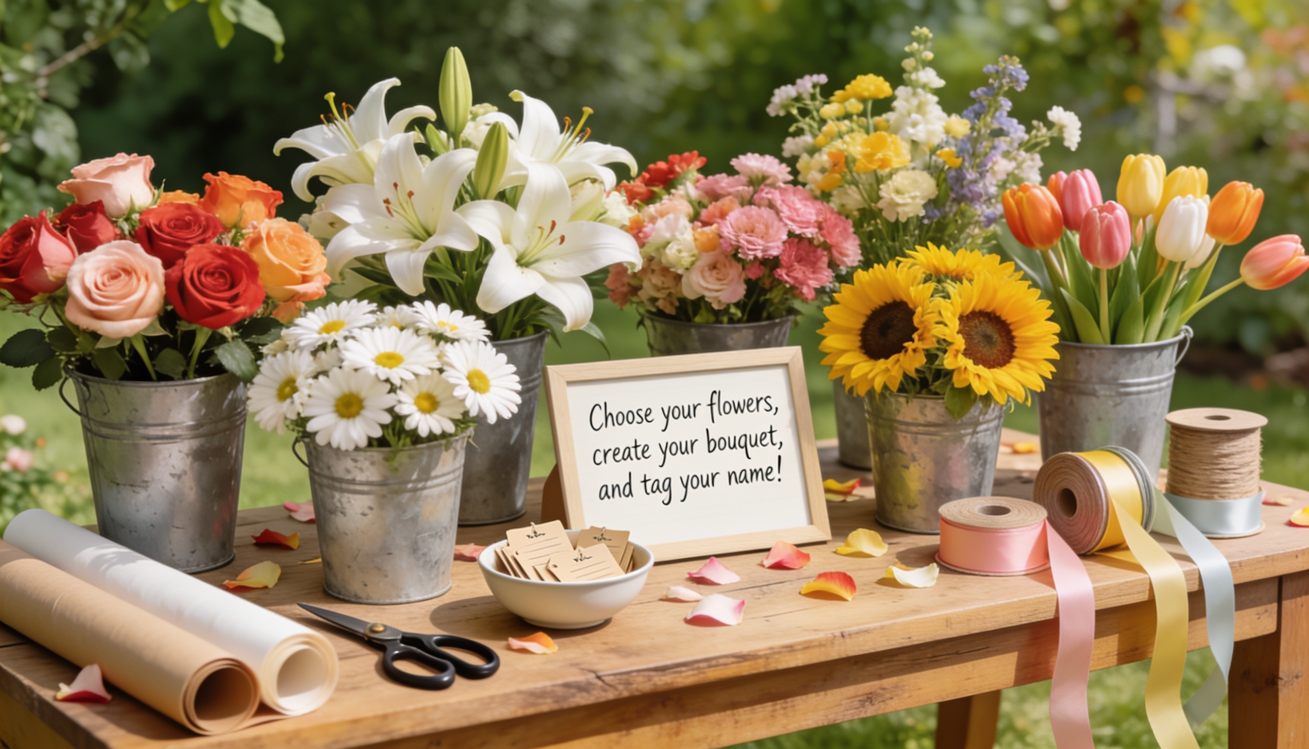 Interactive flower bar with fresh flowers, ribbons, and wrapping paper at a garden party.