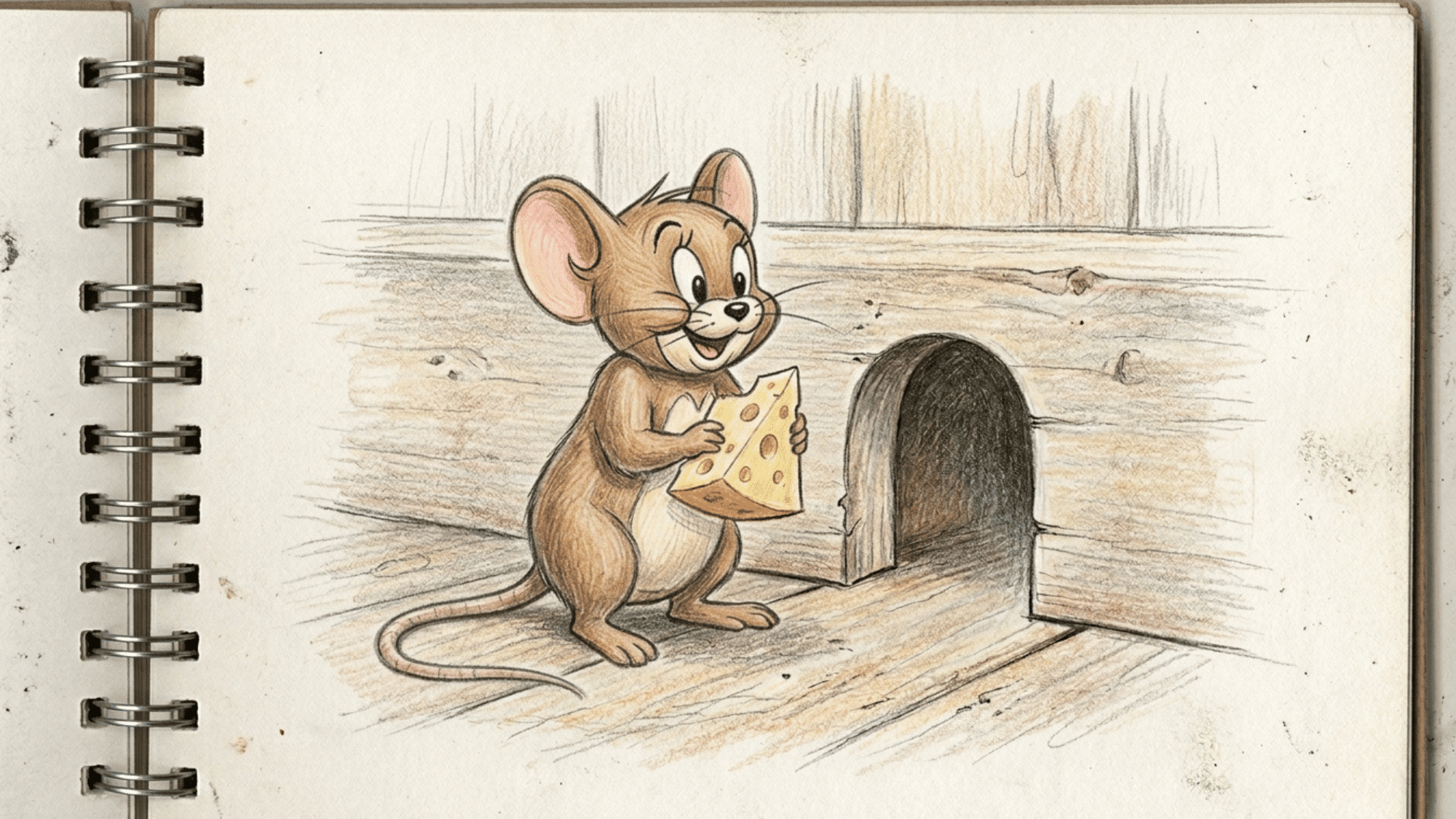 sketchbook page showing a jerry cartoon drawing made with crayons
