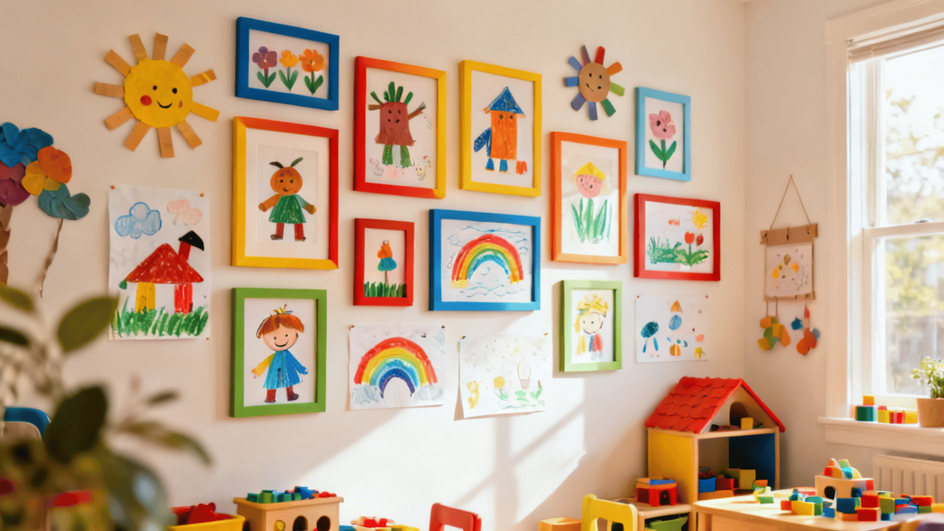 kid art colorful gallery wall displaying children's drawings in bright frames above toys and play furniture in a sunny room