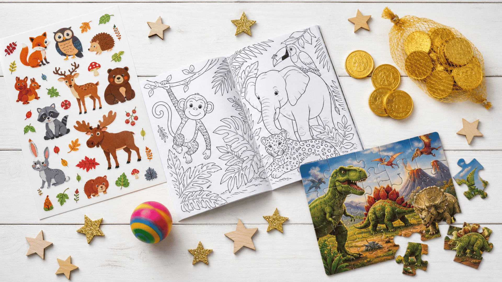 kids advent calendar flat lay with stickers, coloring book, dinosaur puzzle, bouncy ball, and coins