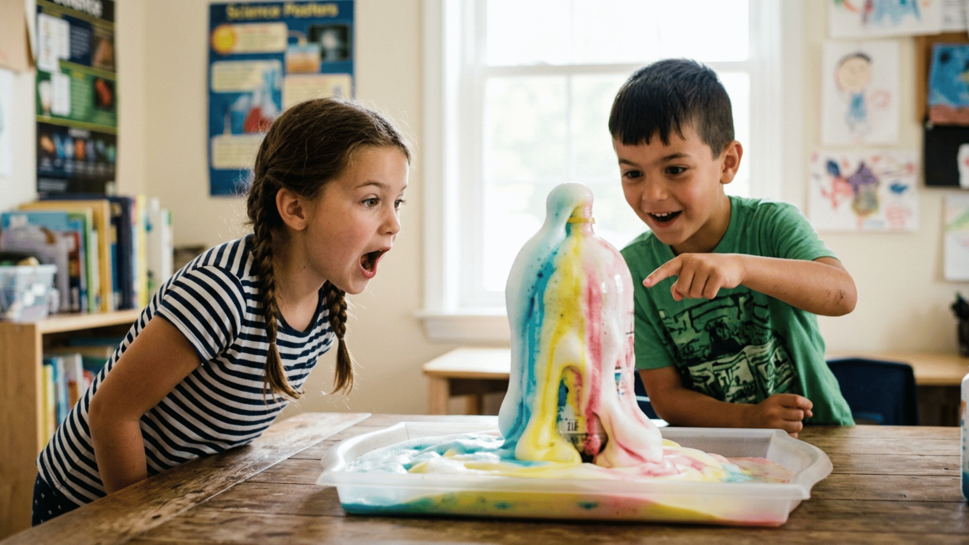 two children watch a colorful science volcano erupt with foamy rainbow bubbles in a classroom