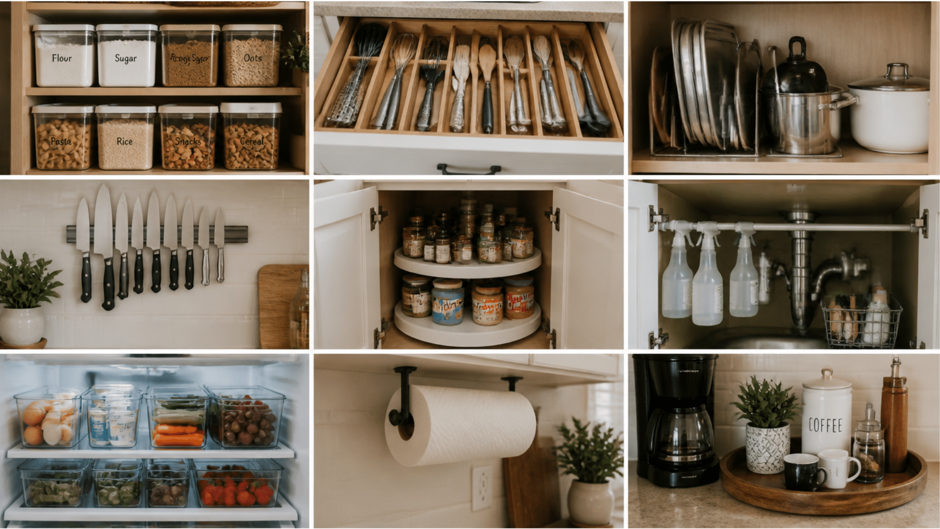 kitchen organization ideas with labeled pantry jars utensil drawer storage and neatly arranged cookware