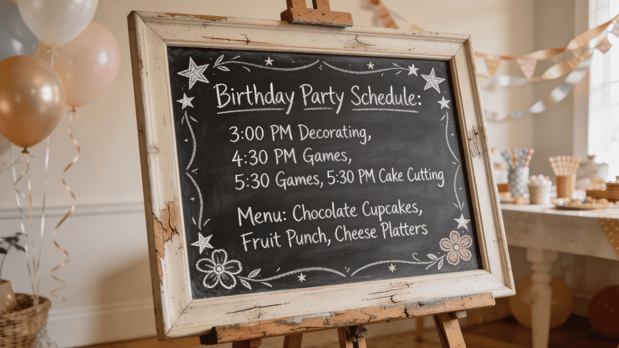 large framed chalkboard with birthday party schedule in chalk marker lettering with hand-drawn stars