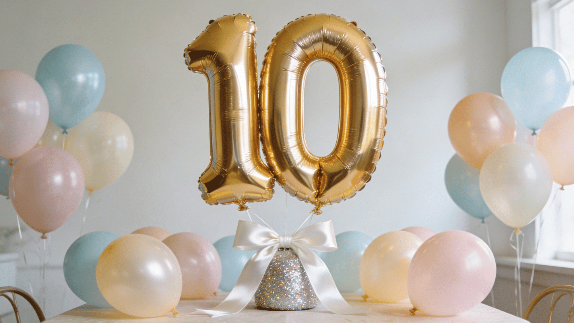 large gold foil number balloon above a party table tied with white ribbon surrounded by pastel latex balloons