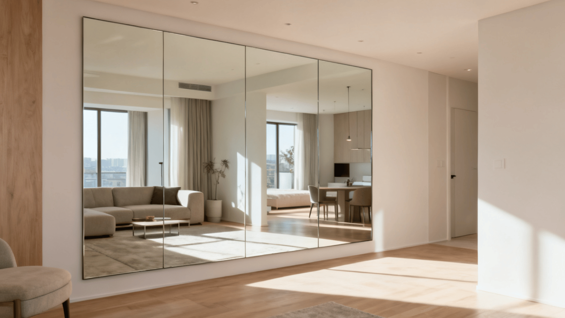 large mirrored wardrobe reflecting a bright modern apartment interior