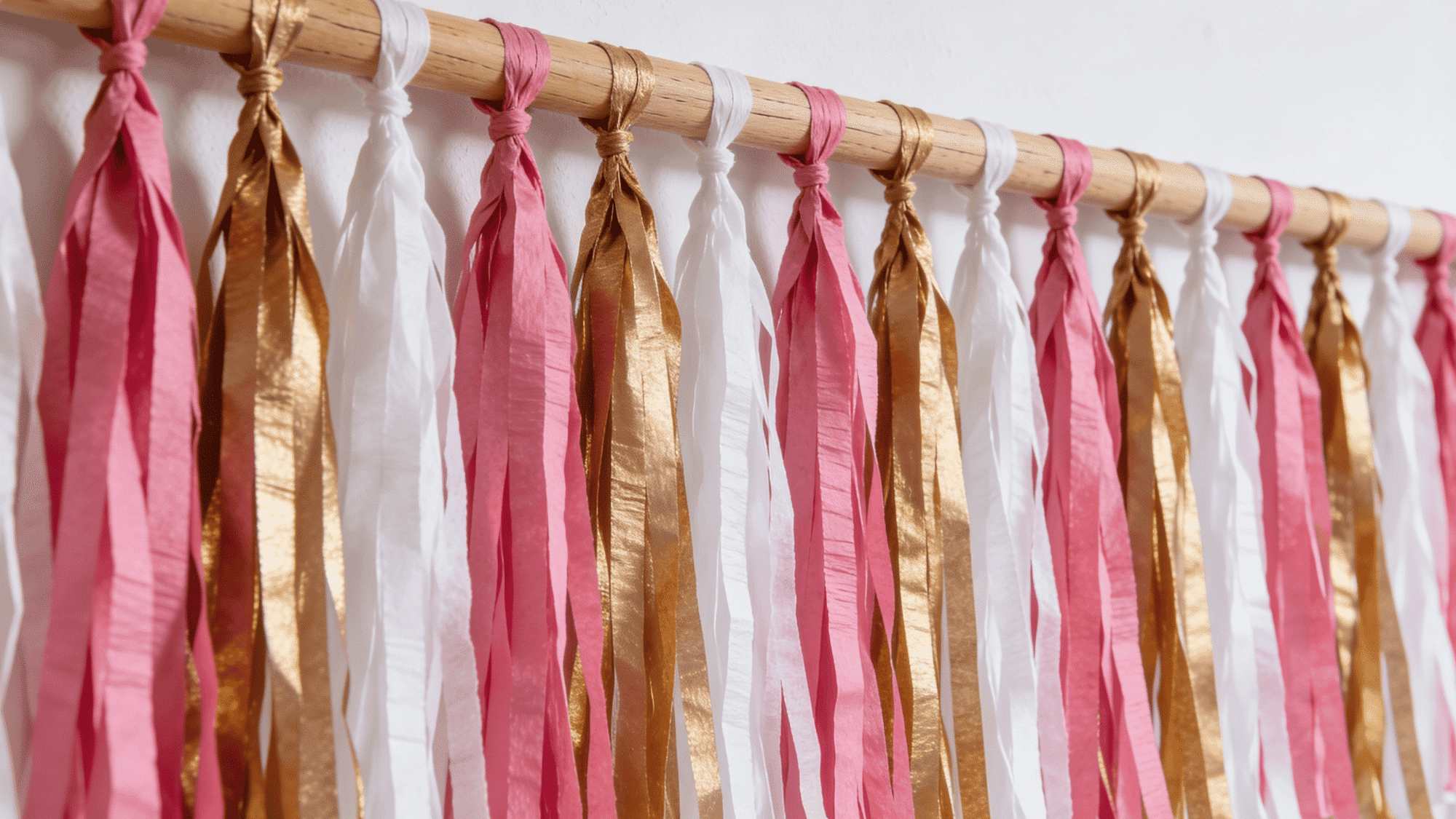 layered fringe curtain backdrop in pink gold and white crepe streamer strips hanging from a dowel on a wall