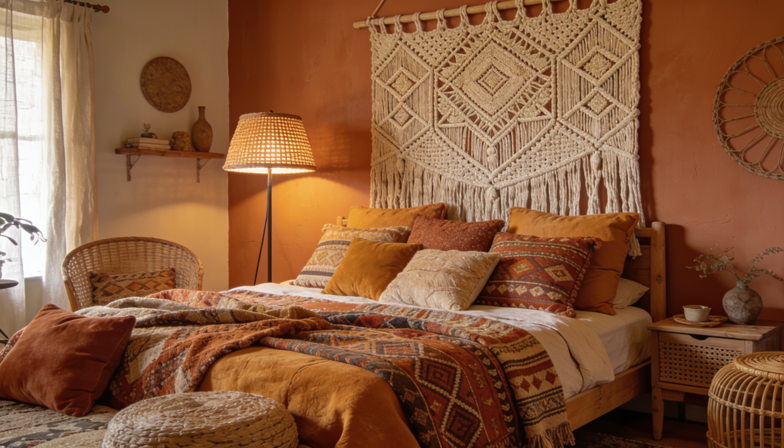 Layered textile wall with woven fabric pieces and soft textures in a cozy room