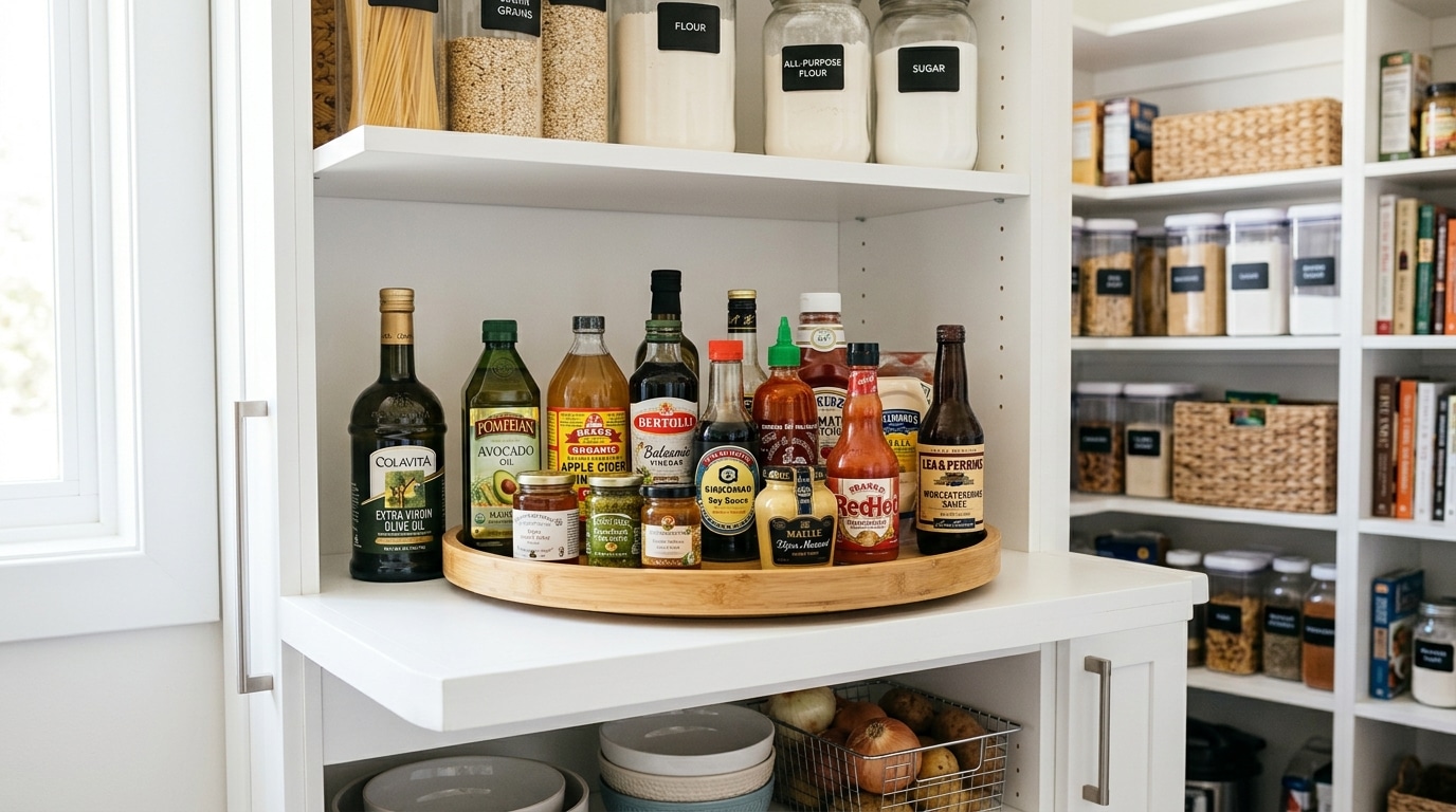 Lazy Susan organizer holding oils and sauces on a deep pantry shelf.