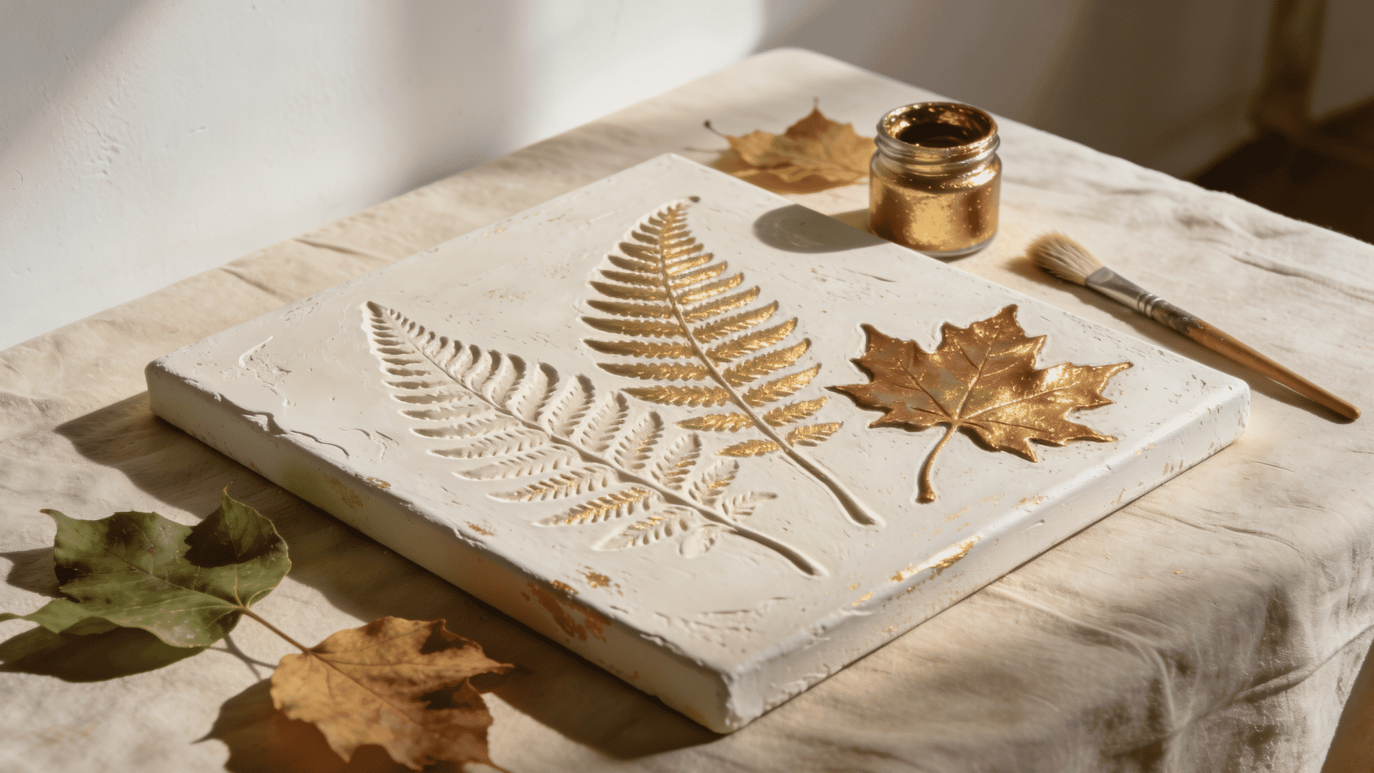 leaf impression plaster art on canvas with gold copper metallic fern and maple imprints on linen table with fresh leaves