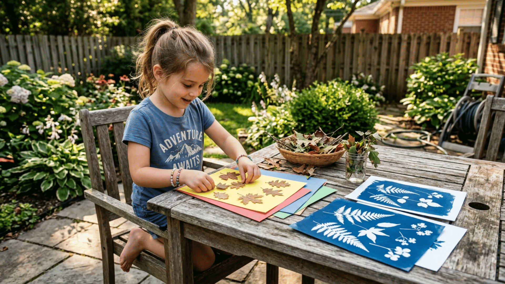 child arranging leaves on colored paper in sunlight for a leaf sun print activity