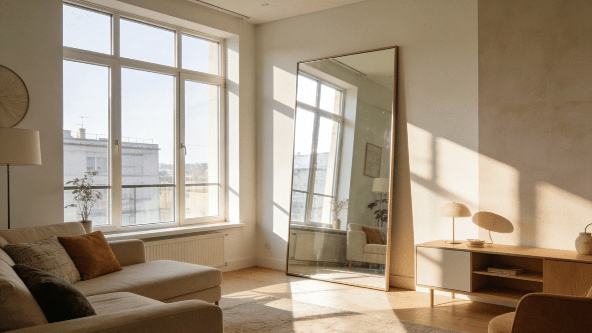 leaning floor mirror in a sunlit living room with neutral furnishings