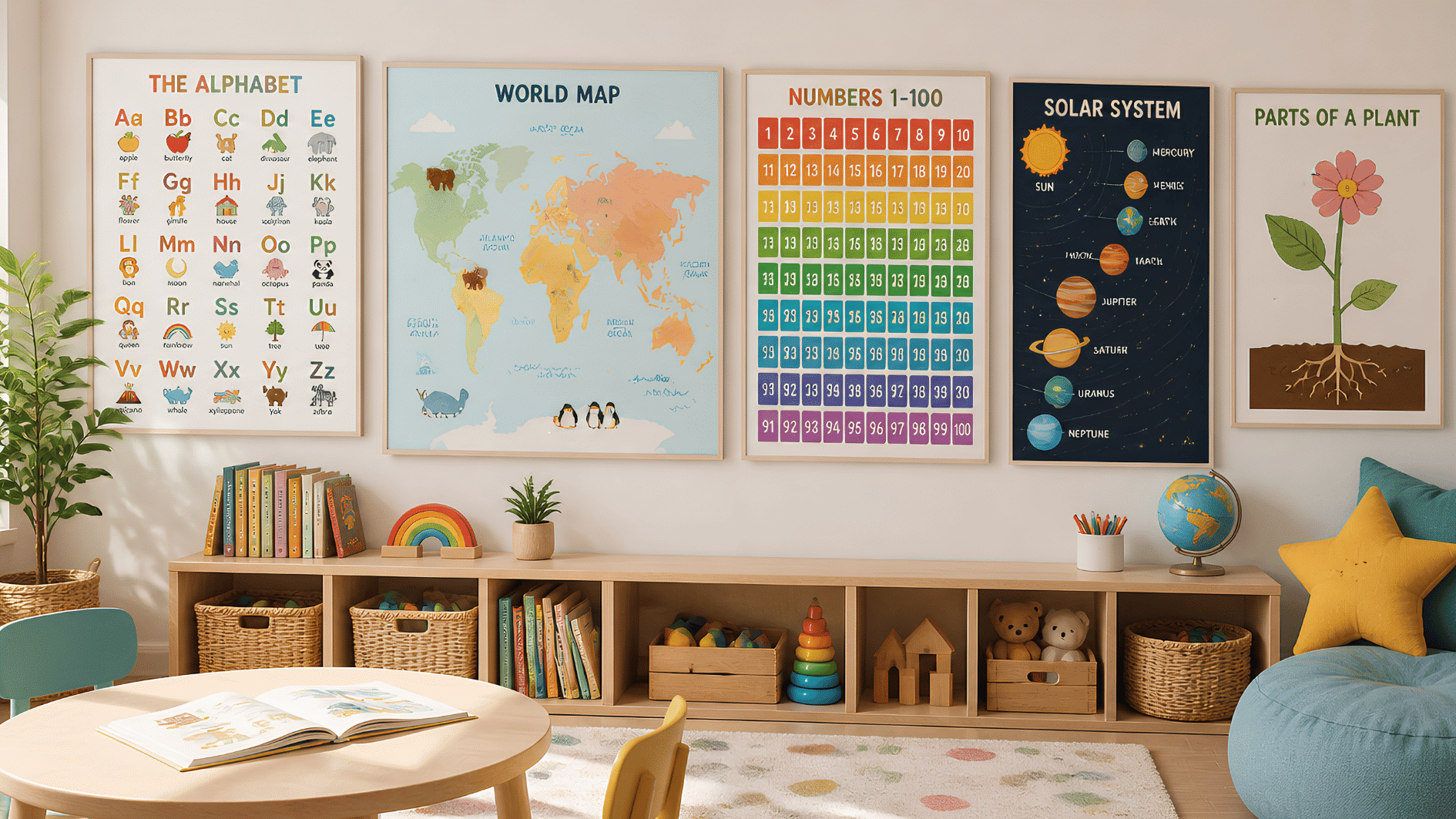 learning wall featuring alphabet world map numbers solar system and plant diagram in a bright playroom