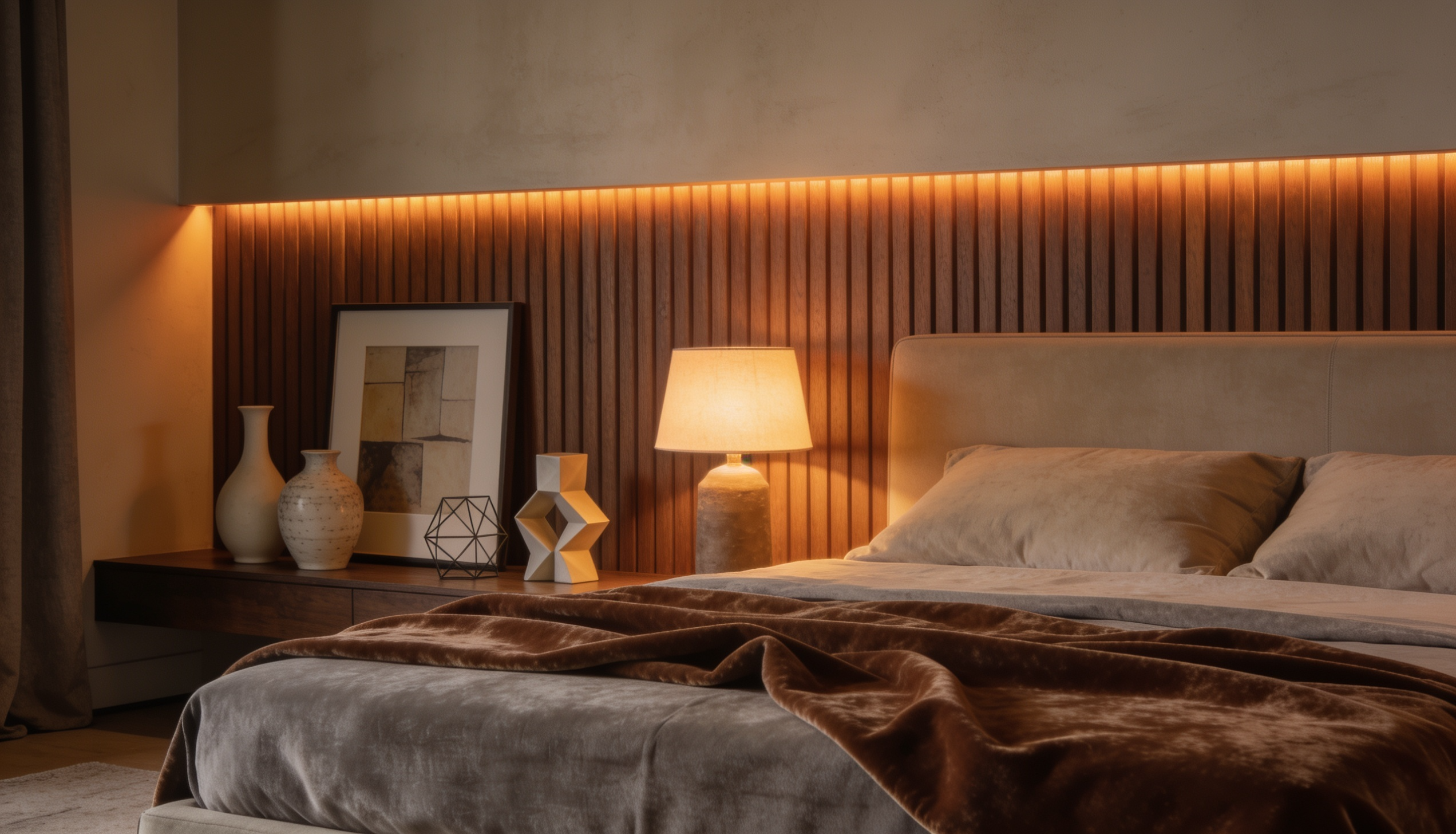 LED backlit accent wall glowing in warm amber behind wood slat panels