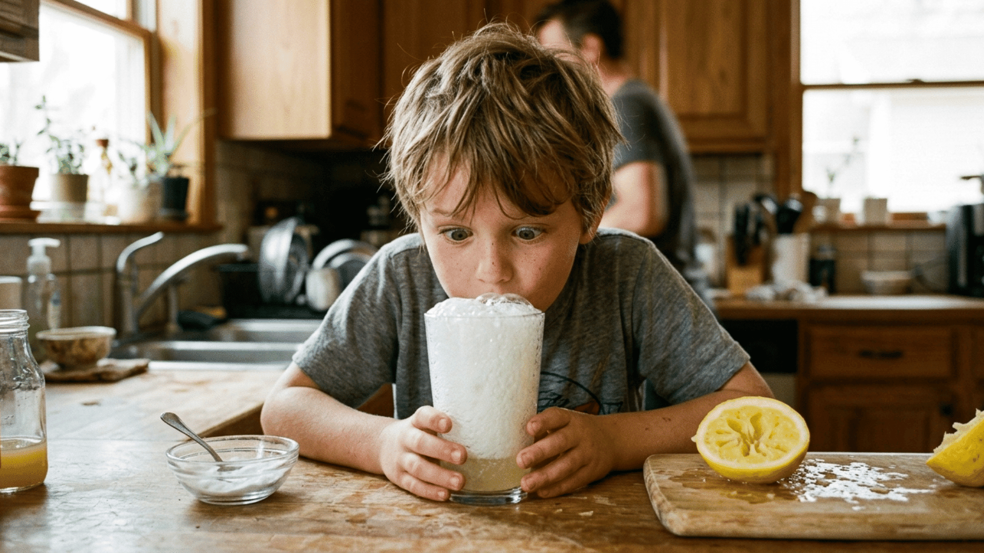 american kid peering into a fizzing cup of lemon juice and baking soda in the kitchen