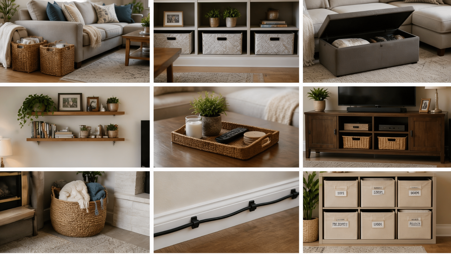 living room storage inspiration with woven baskets floating shelves ottoman storage and hidden cable management