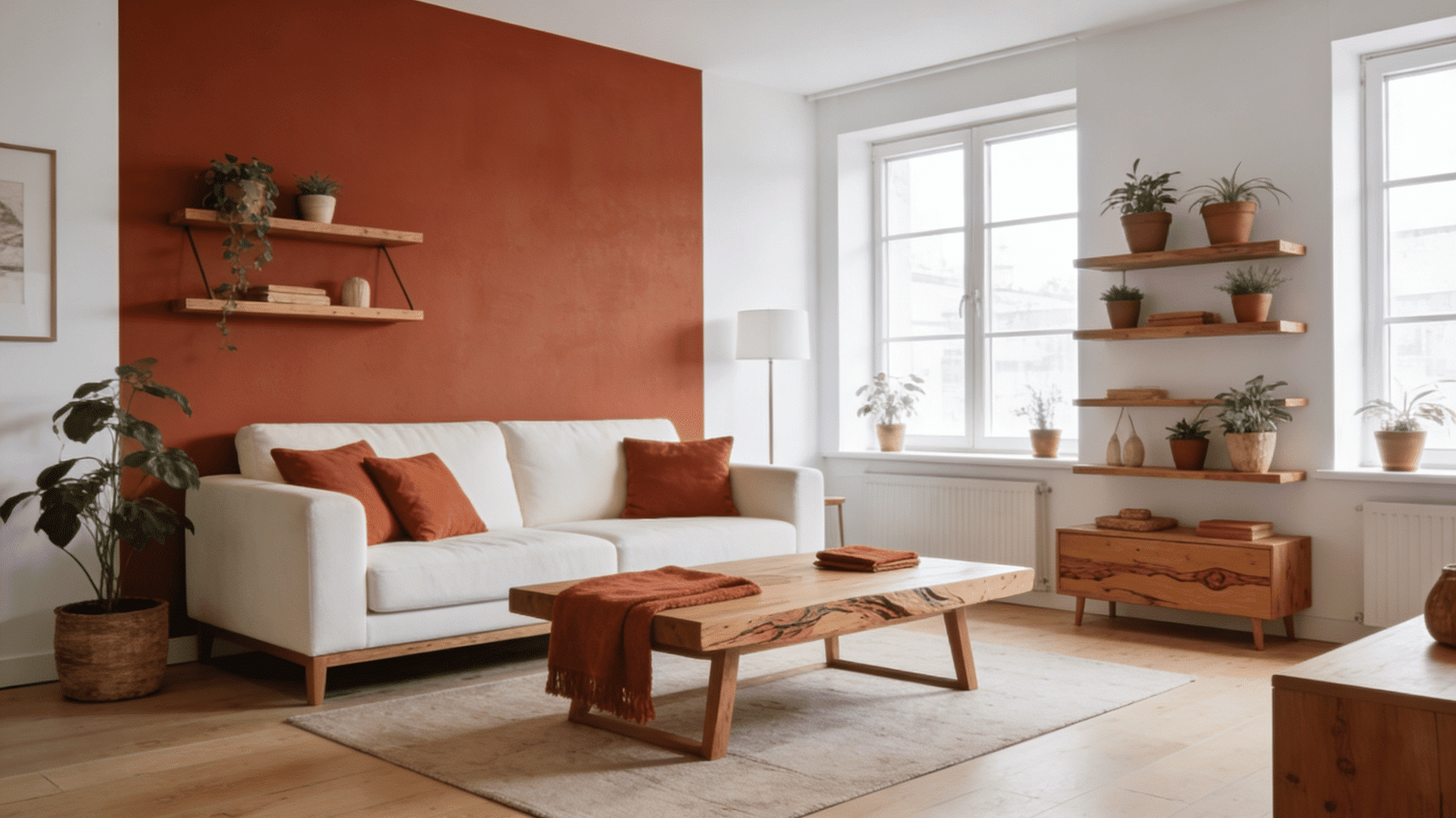 living room with terracotta accent wall, floating shelves, indoor plants and natural wood furniture