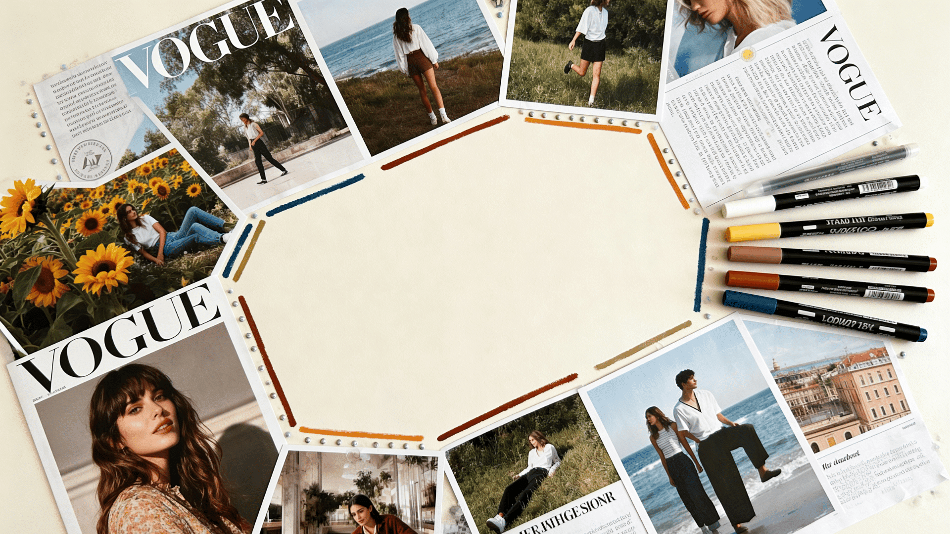 magazine cutout collage board with color matched images and painted line details