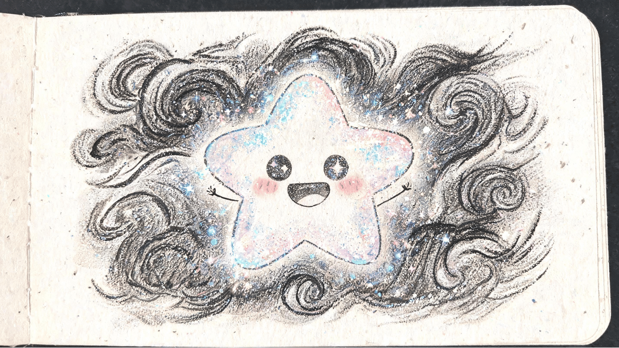 magical star character drawing floating with tiny arms, happy face, sparkles, and clouds