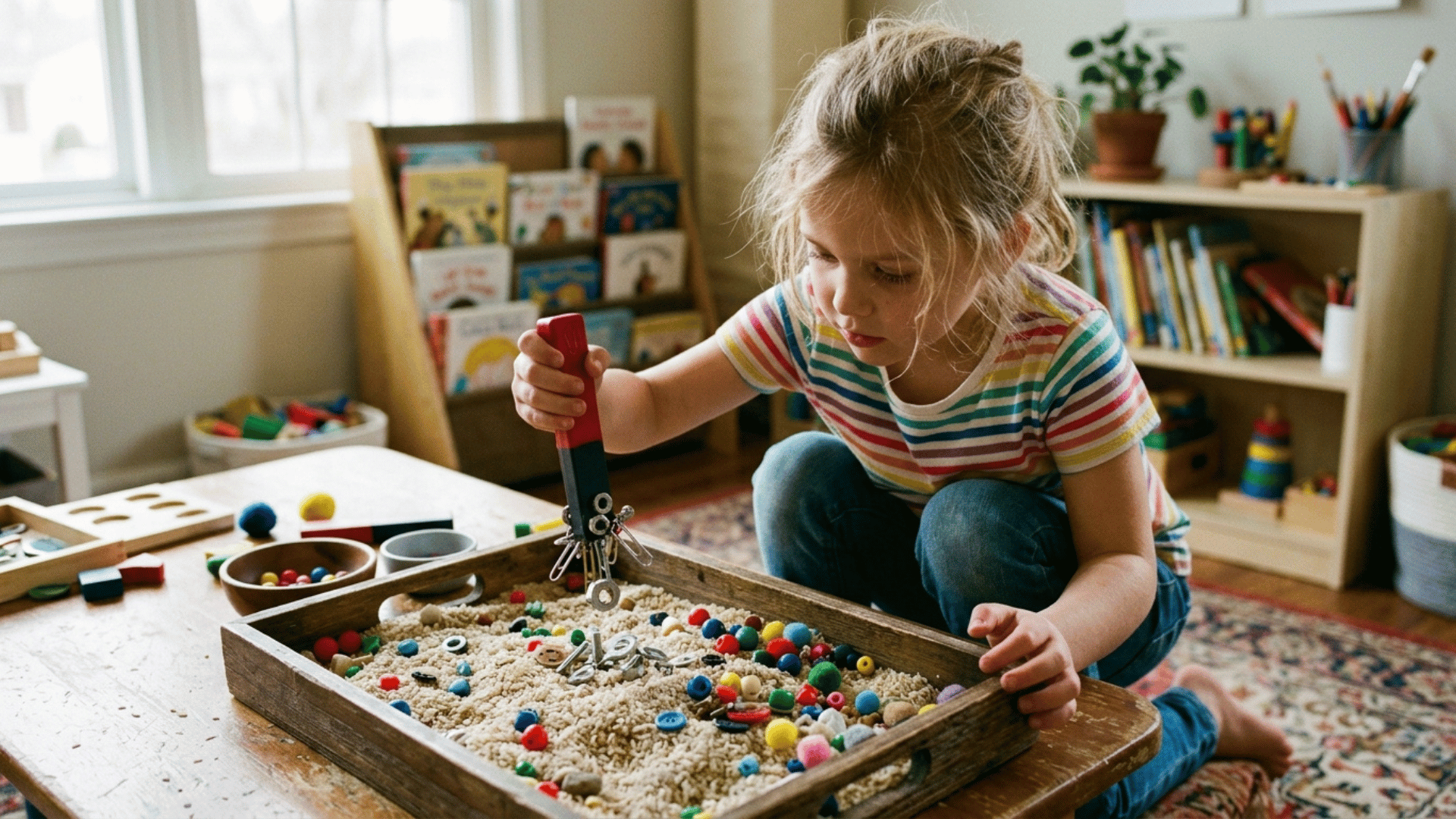 child using a magnet to find hidden metal objects in a tray of sand and rice