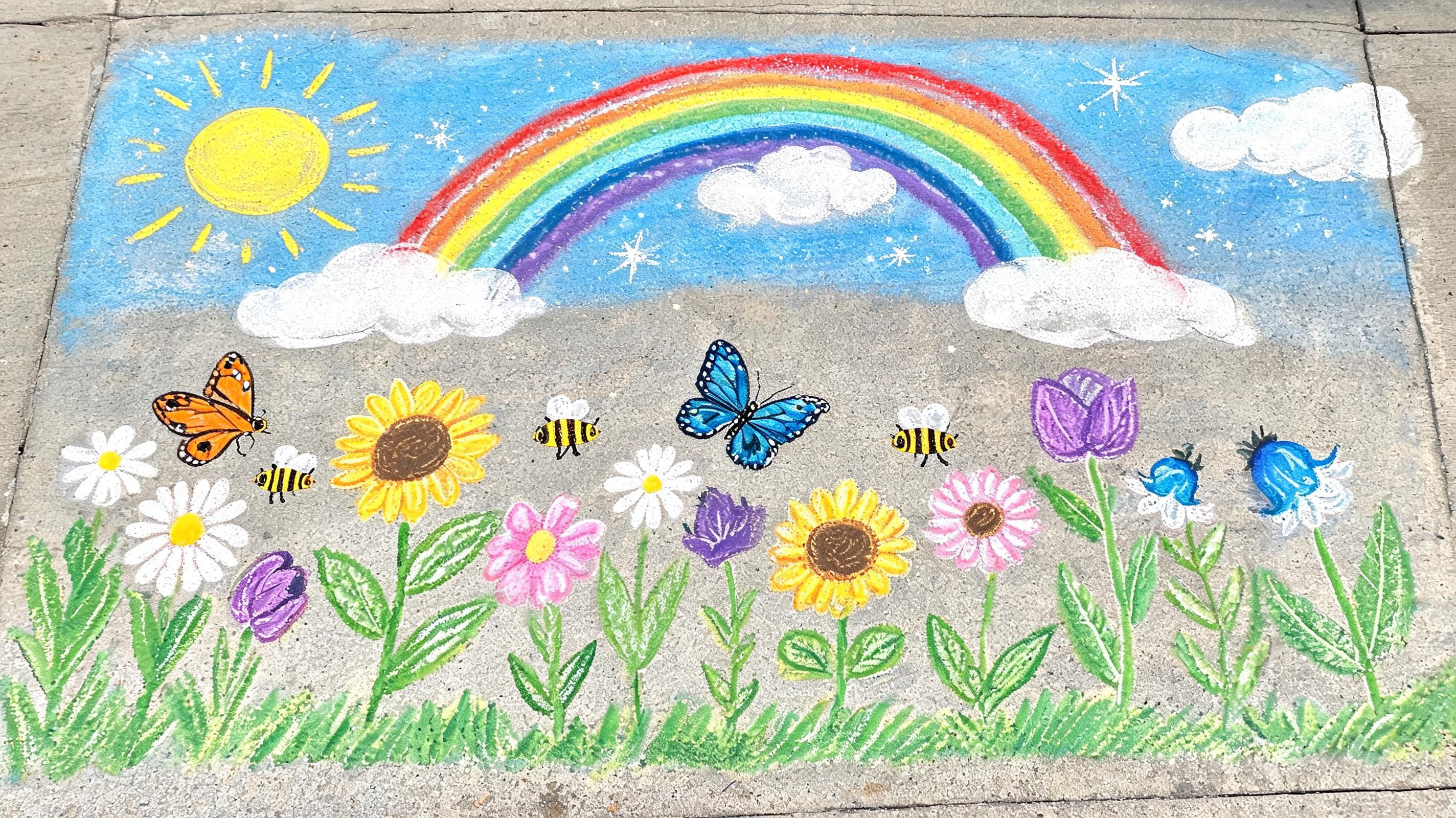 vibrant chalk art flower garden on a sidewalk, filled with colorful flowers, green stems, leaves, butterflies