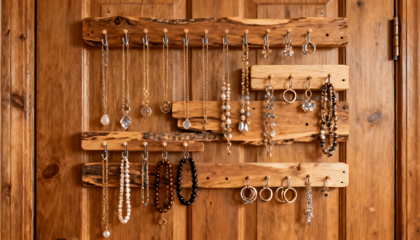 DIY small space jewelry organizer on full door with handmade wooden rack
