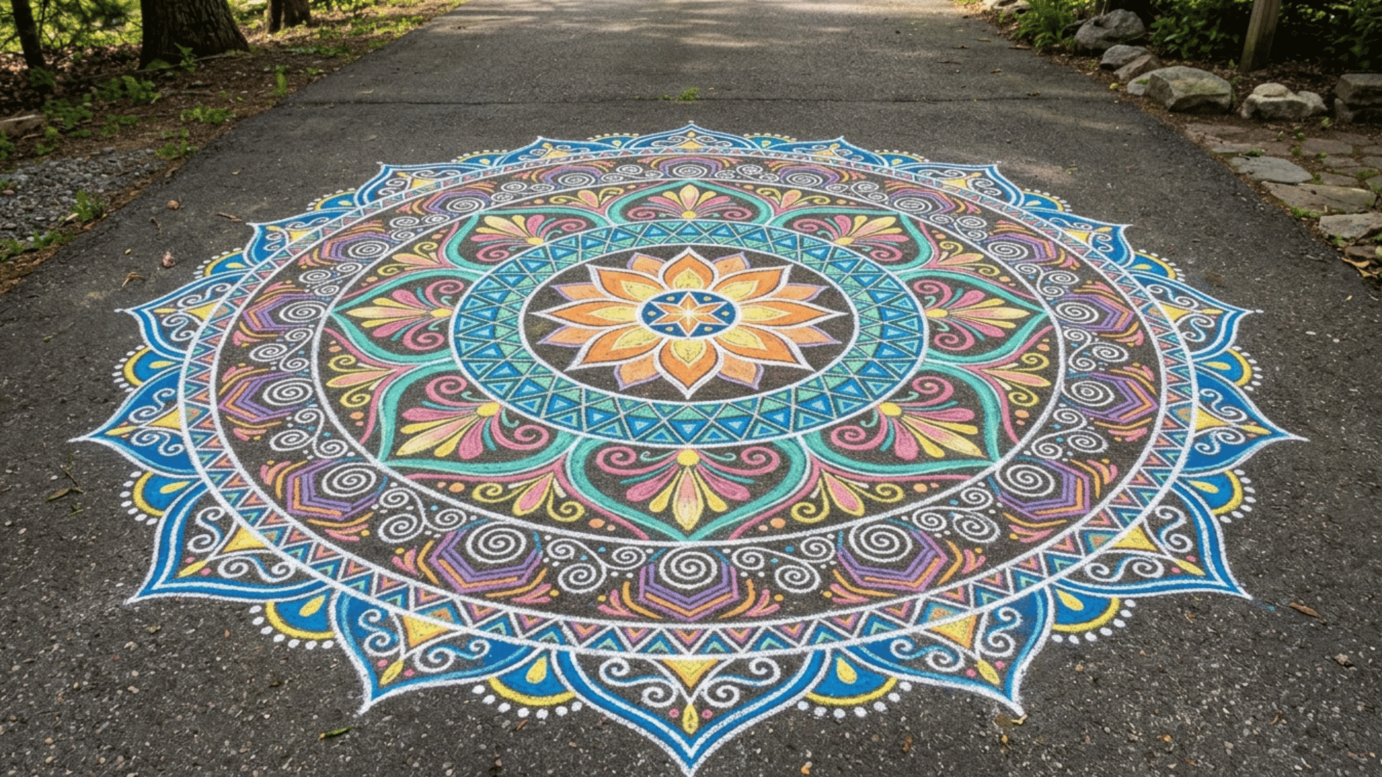 detailed circular chalk mandala design on pavement with symmetrical patterns