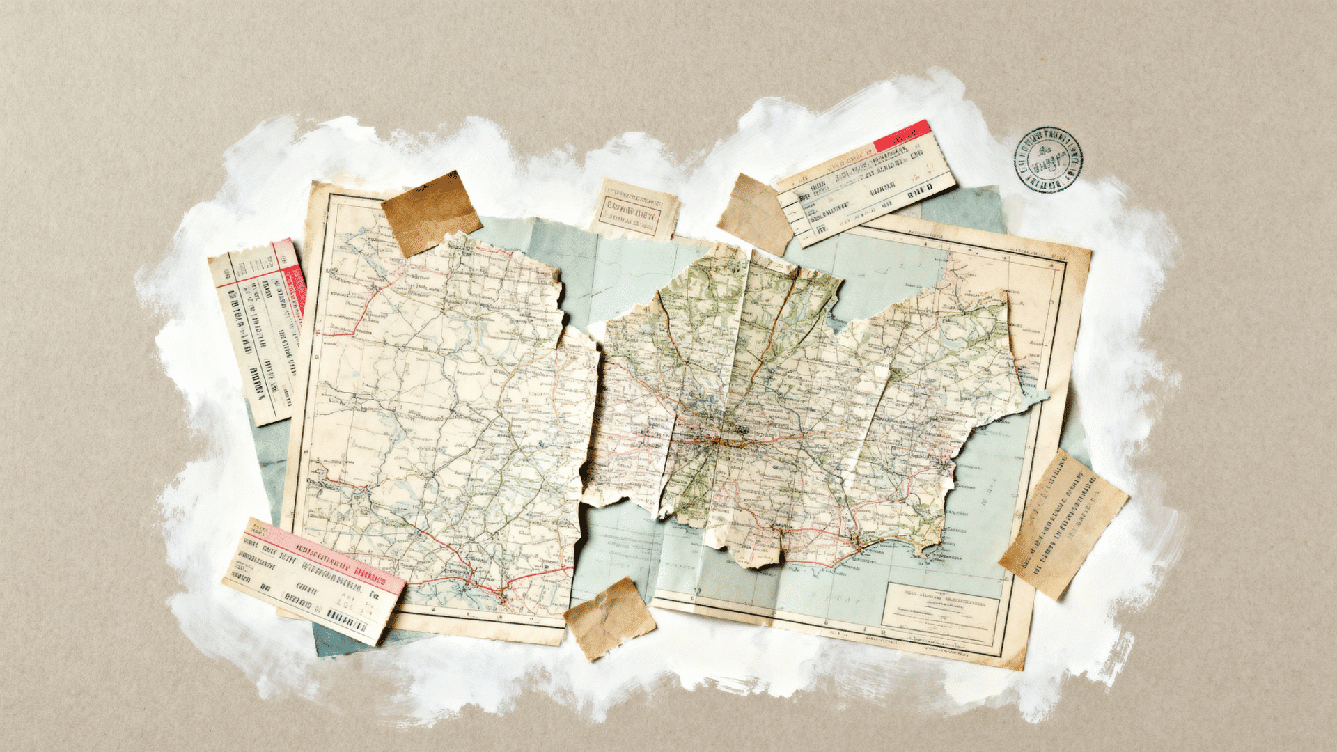map collage memory art with layered map pieces tickets and soft paint accents