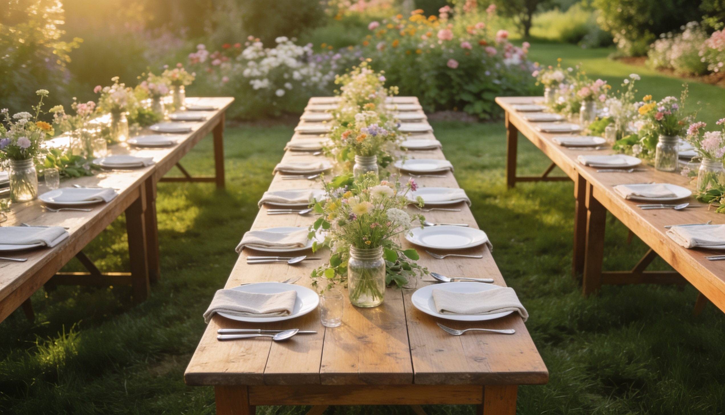 Mason jar flower arrangements on a rustic backyard party table.