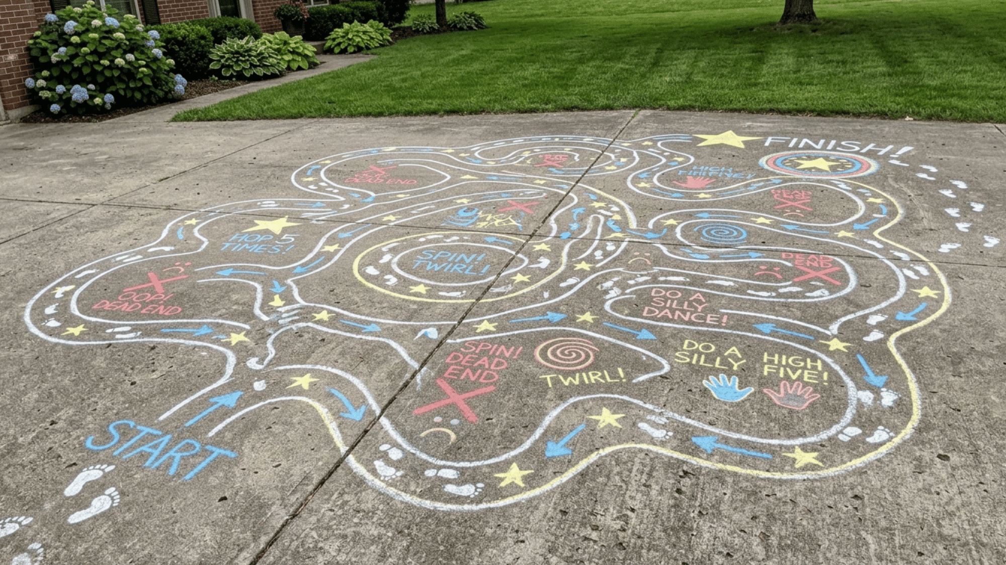 interactive chalk maze design on a driveway with winding paths, start and finish points