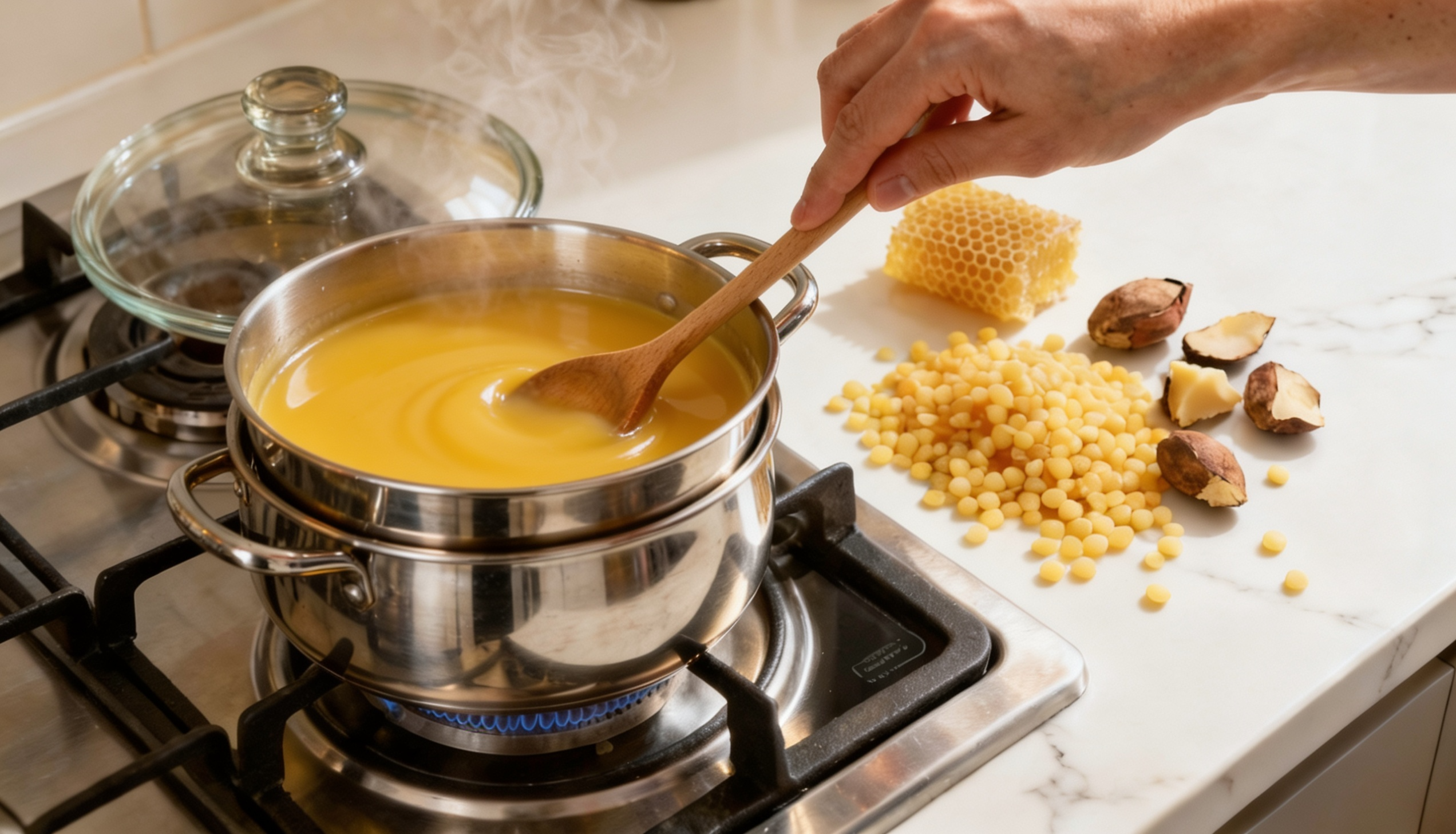 Beeswax, shea butter, and coconut oil melting in a double boiler over simmering water for <echighlighted><echighlighted><echighlighted><echighlighted>DIY deodorant</echighlighted></echighlighted></echighlighted></echighlighted>.