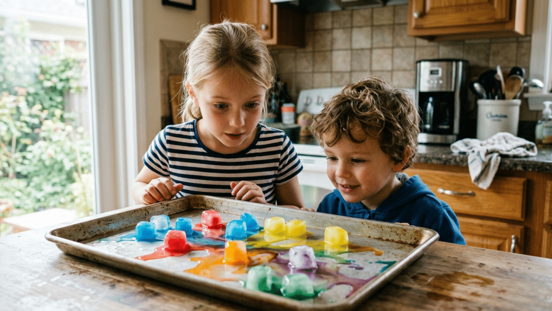 american children watching colorful ice cubes melt and spread color across a tray
