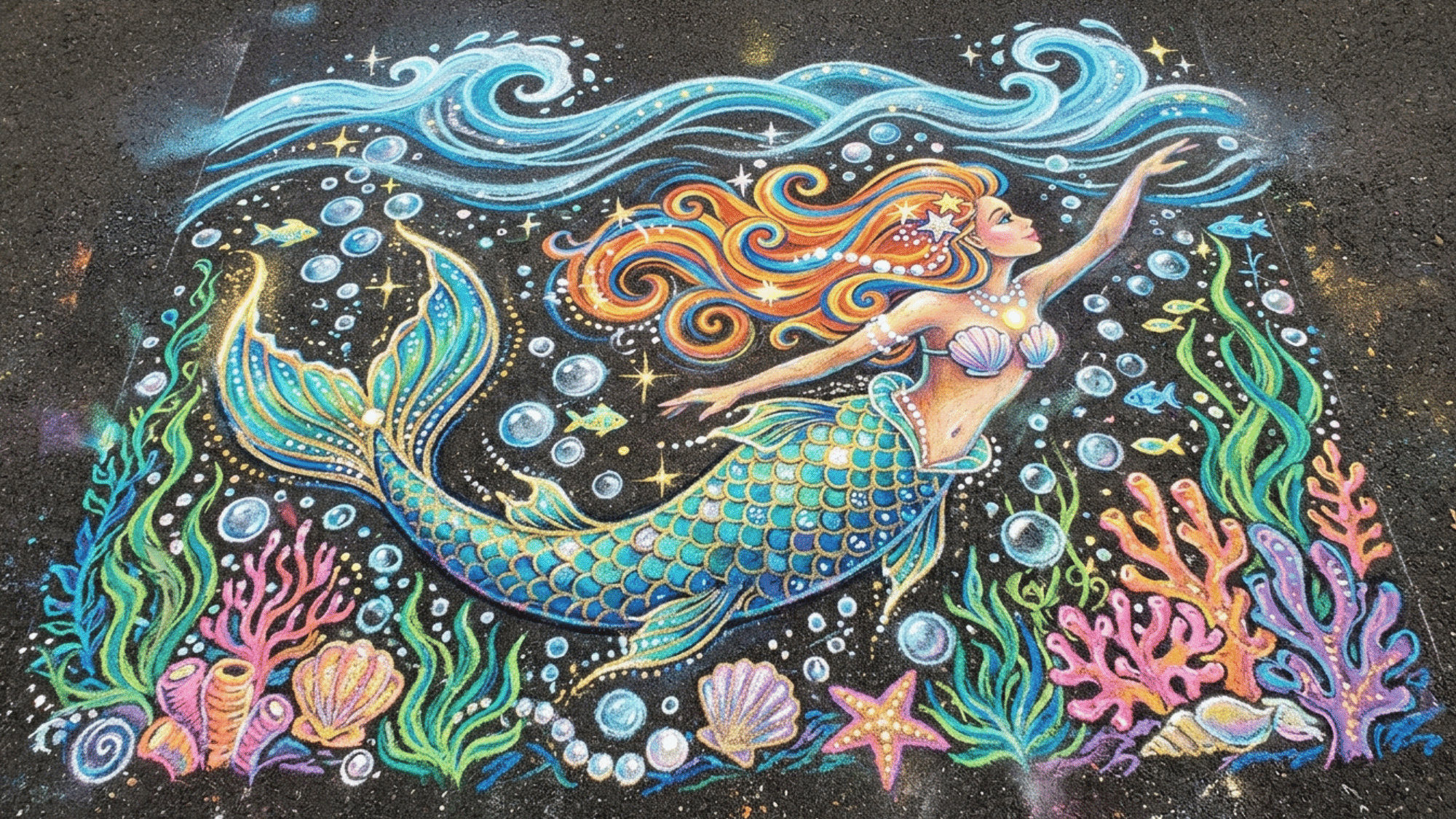 colorful underwater mermaid chalk art scene with a mermaid tail