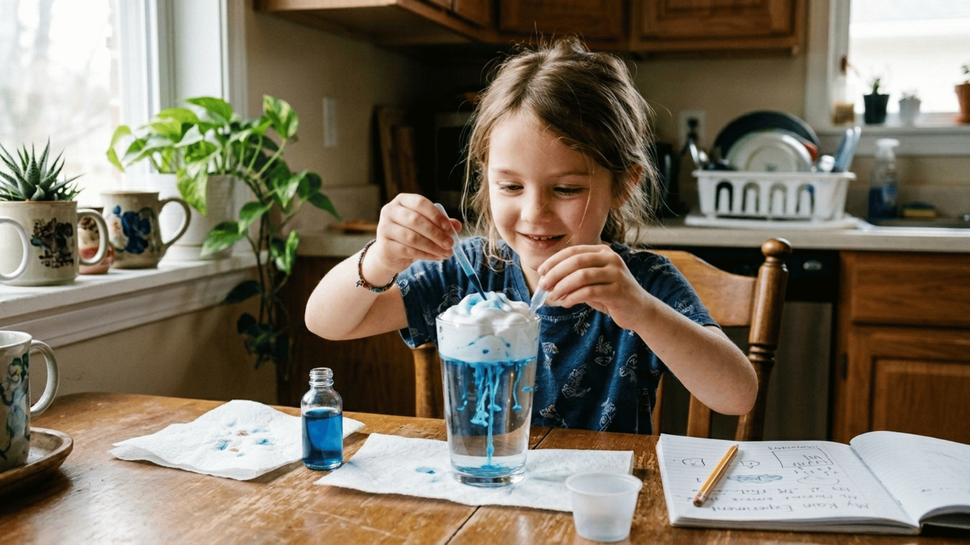 girl child watching blue food coloring rain through shaving cream in a glass water experiment