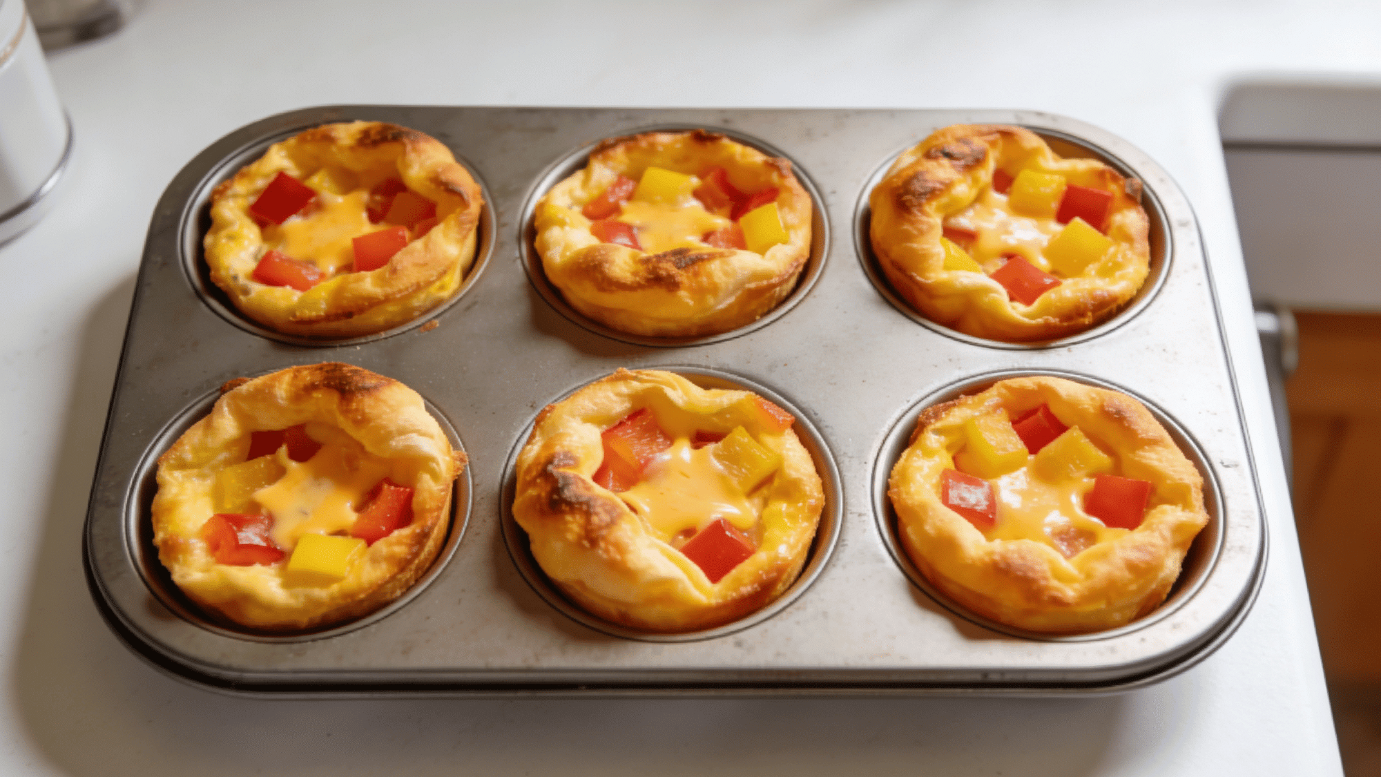 mini veggie omelette cups baked in muffin tin with bell peppers and melted cheese, healthy meal ideas for kids