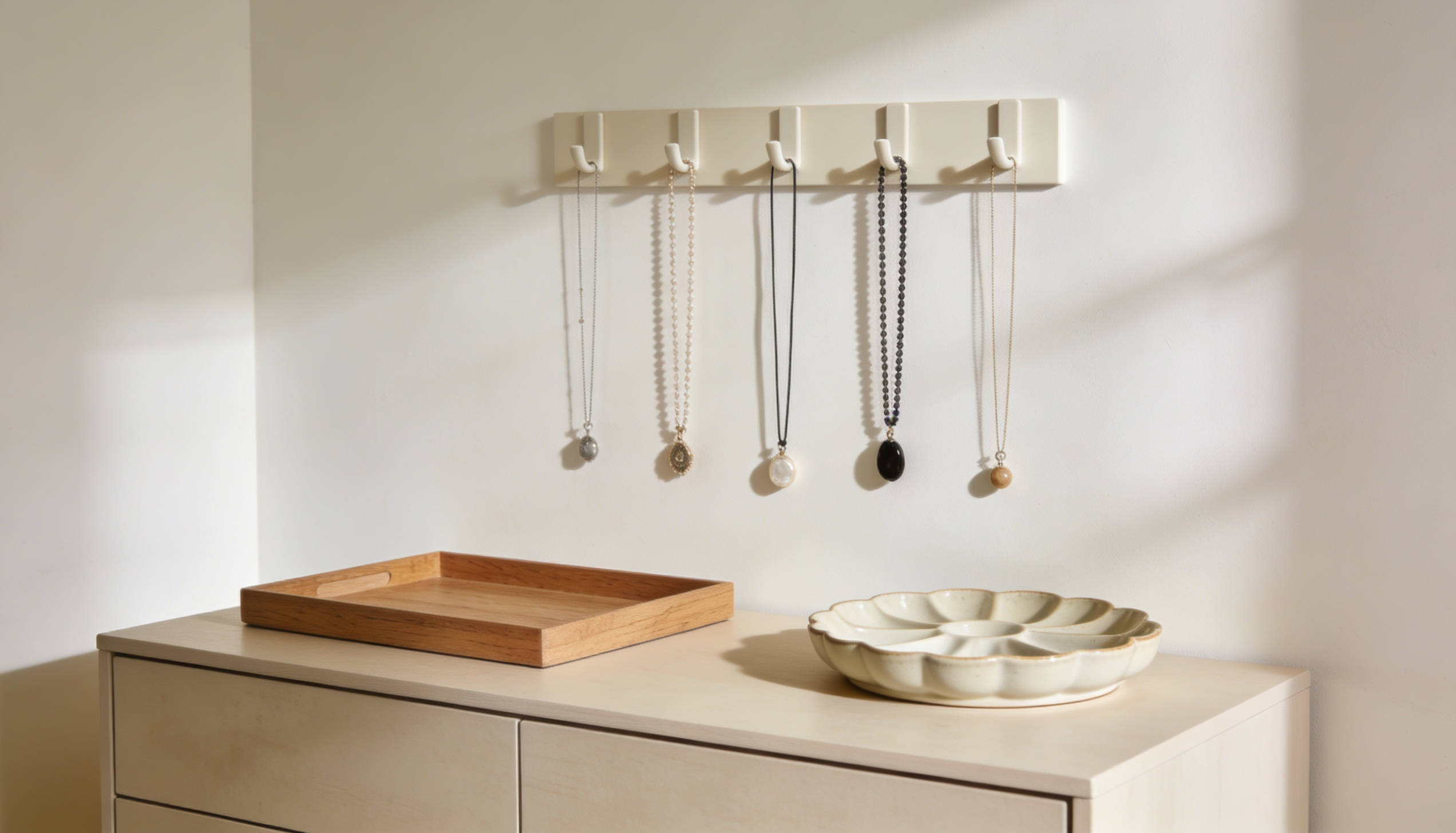 Minimalist jewelry setup with wooden tray, ceramic dish, and wall hooks holding necklaces