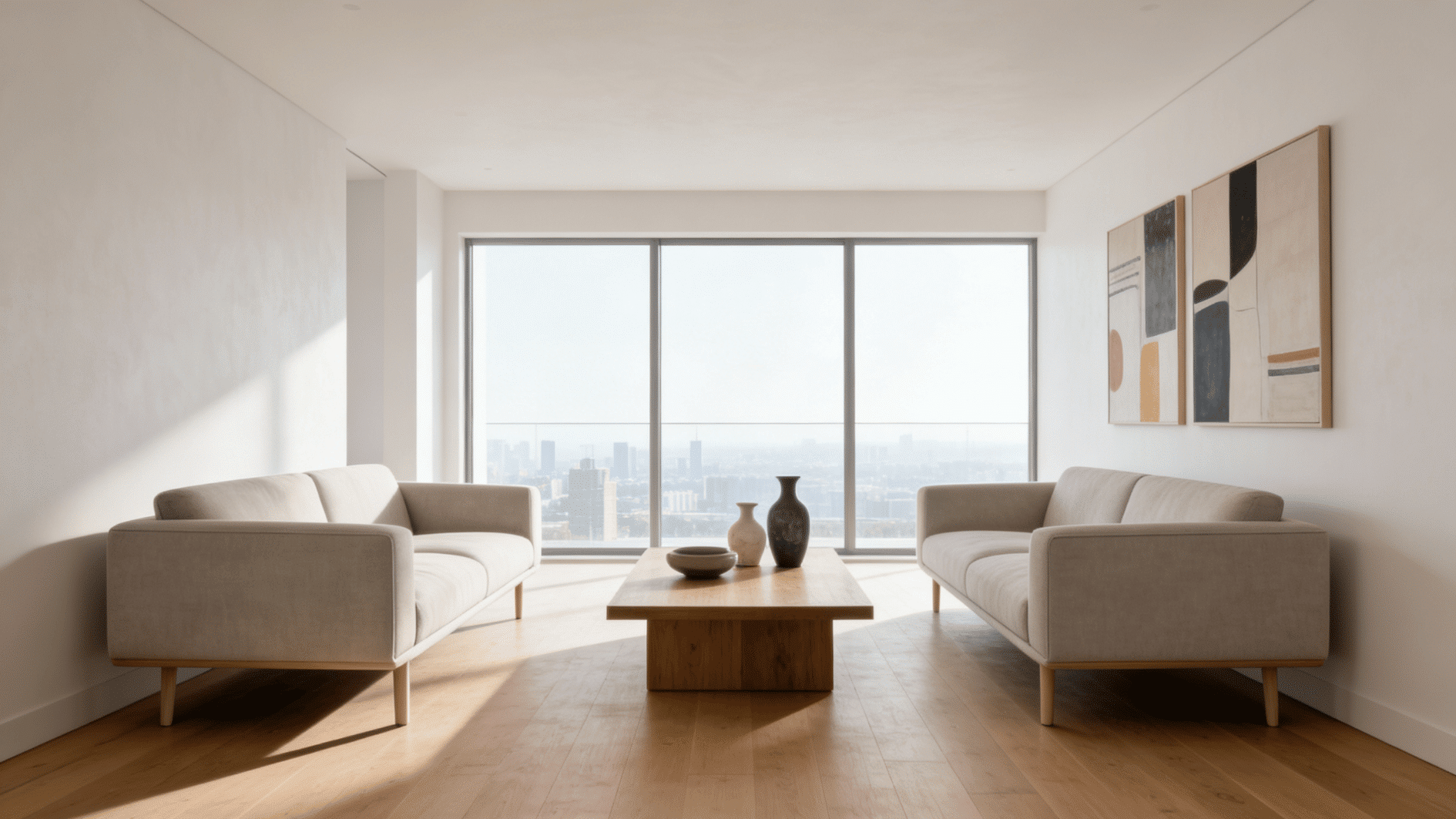 minimalist living room with matching sofas, wooden coffee table and floor to ceiling city view windows in daylight